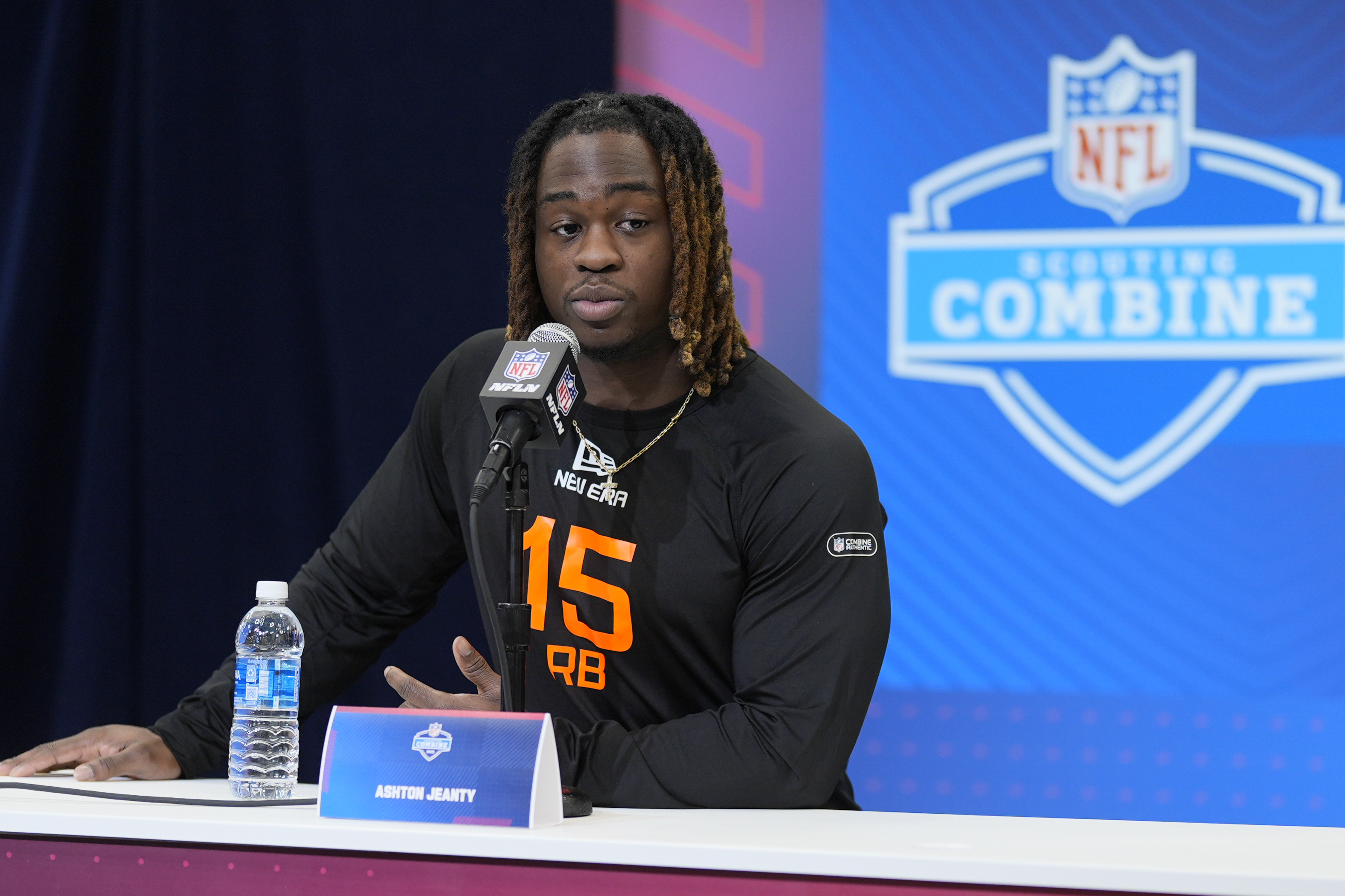 Boise State running back Ashton Jeanty speaks during a press conference at the NFL football scouting combine Friday, Feb. 28, 2025, in Indianapolis. (AP Photo/George Walker IV) (George Walker IV)