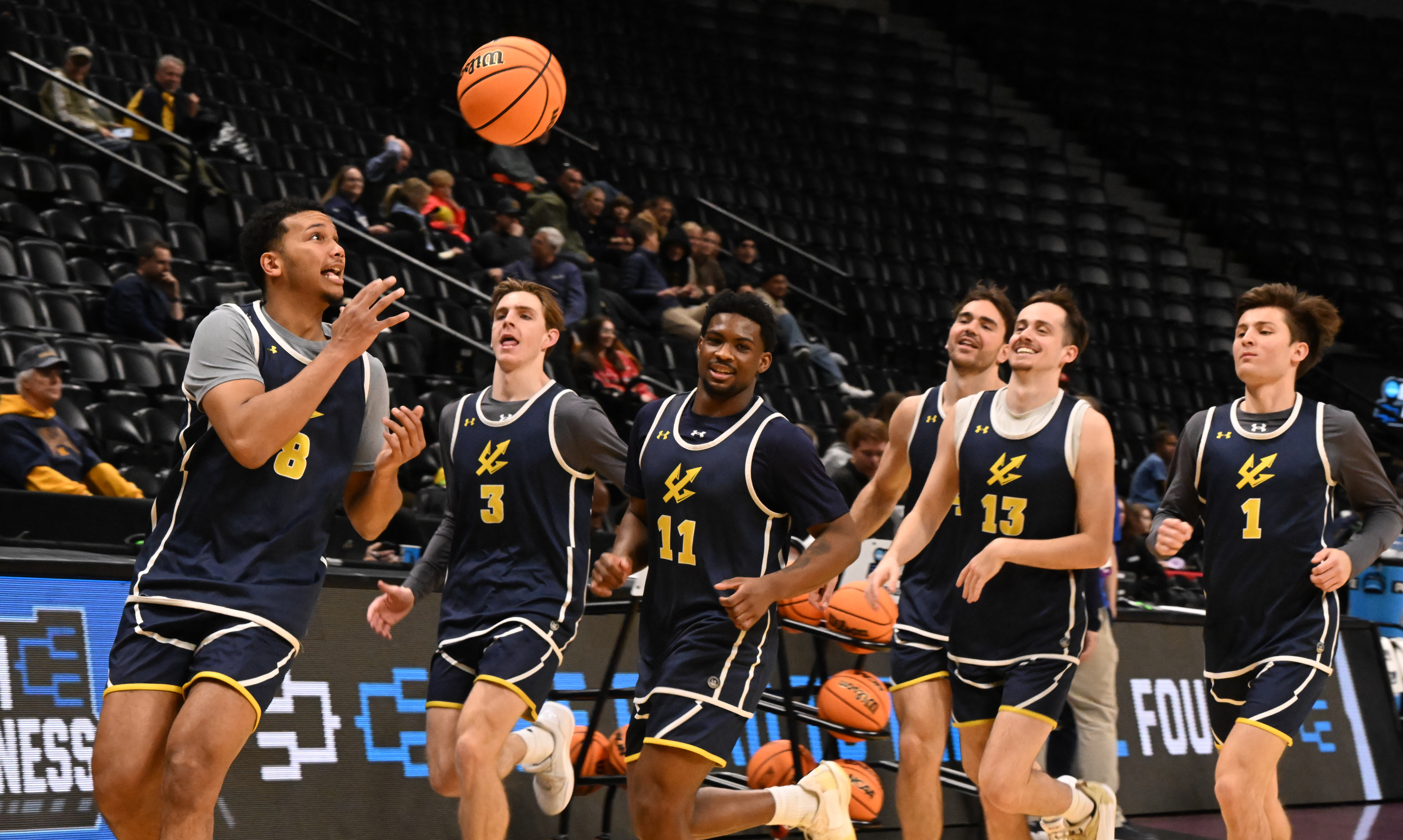 UC San Diego’s Chris Howell hauls in a pass while the team runs during practice day on Thursday, March 19, 2025, at Ball Arena for the NCAA March Madness tournament. The first round of the tournament starts on Thursday. (Jerilee Bennett,The Gazette)