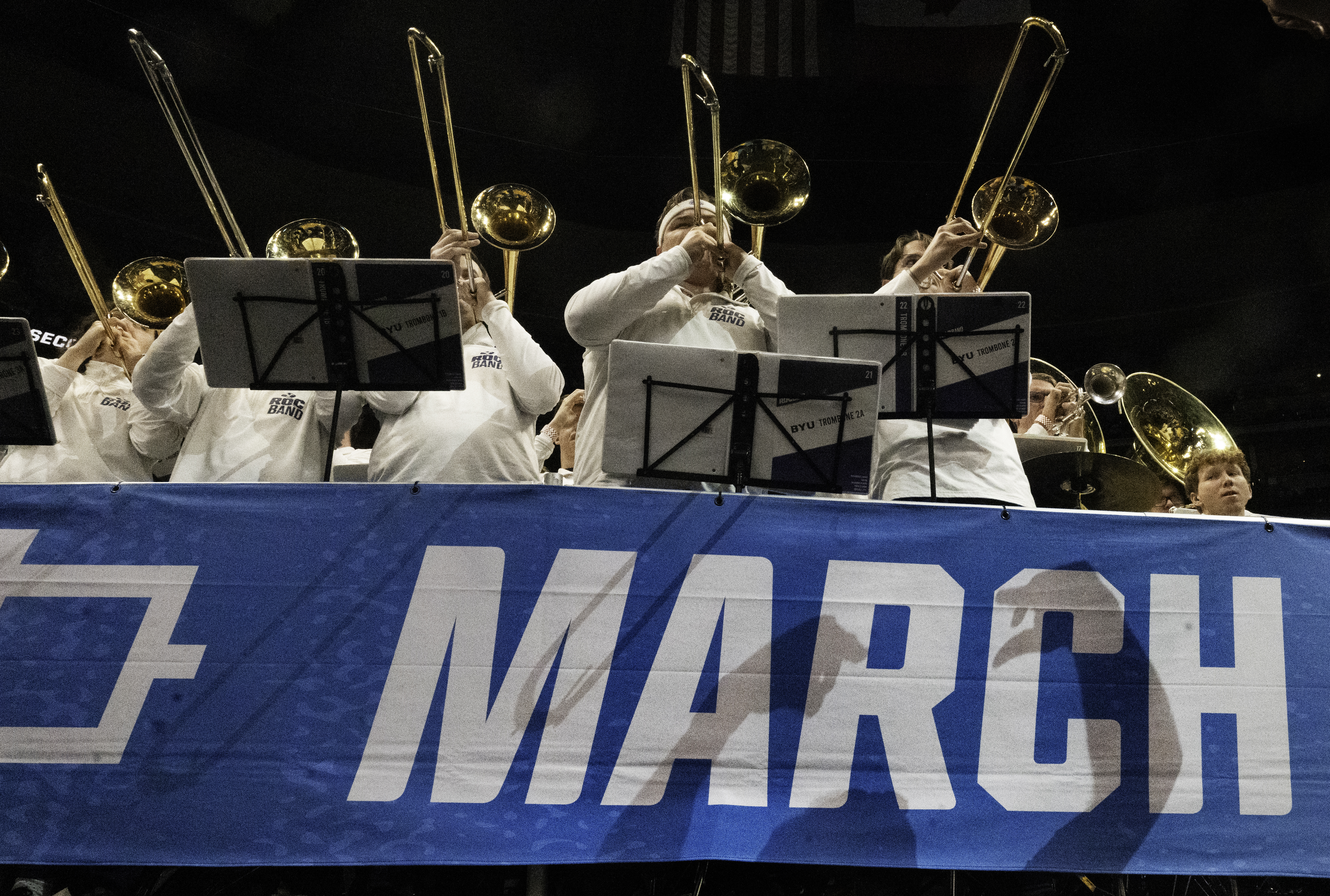 The BYU band plays before their team competes against VCU in the first round of NCAA March Madness tournament at Ball Arena on Thursday, March 20, 2025. BYU defeated VCU 80-71. (Jerilee Bennett,The Gazette)