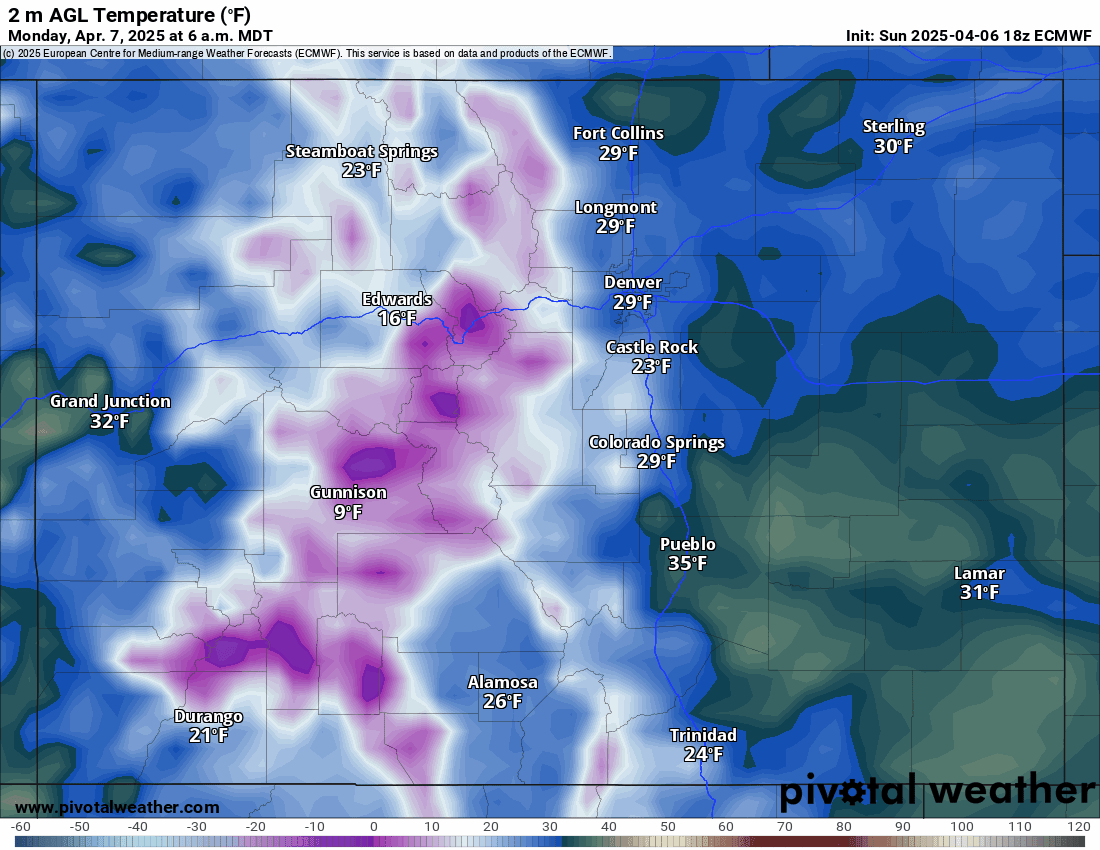 An ECWMF 2 m AGL Temperature forecast loop of Colorado from 6 a.m., Monday, April 7 to 12 p.m., Saturday, April 12, 2025. (PivotalWeather.com)