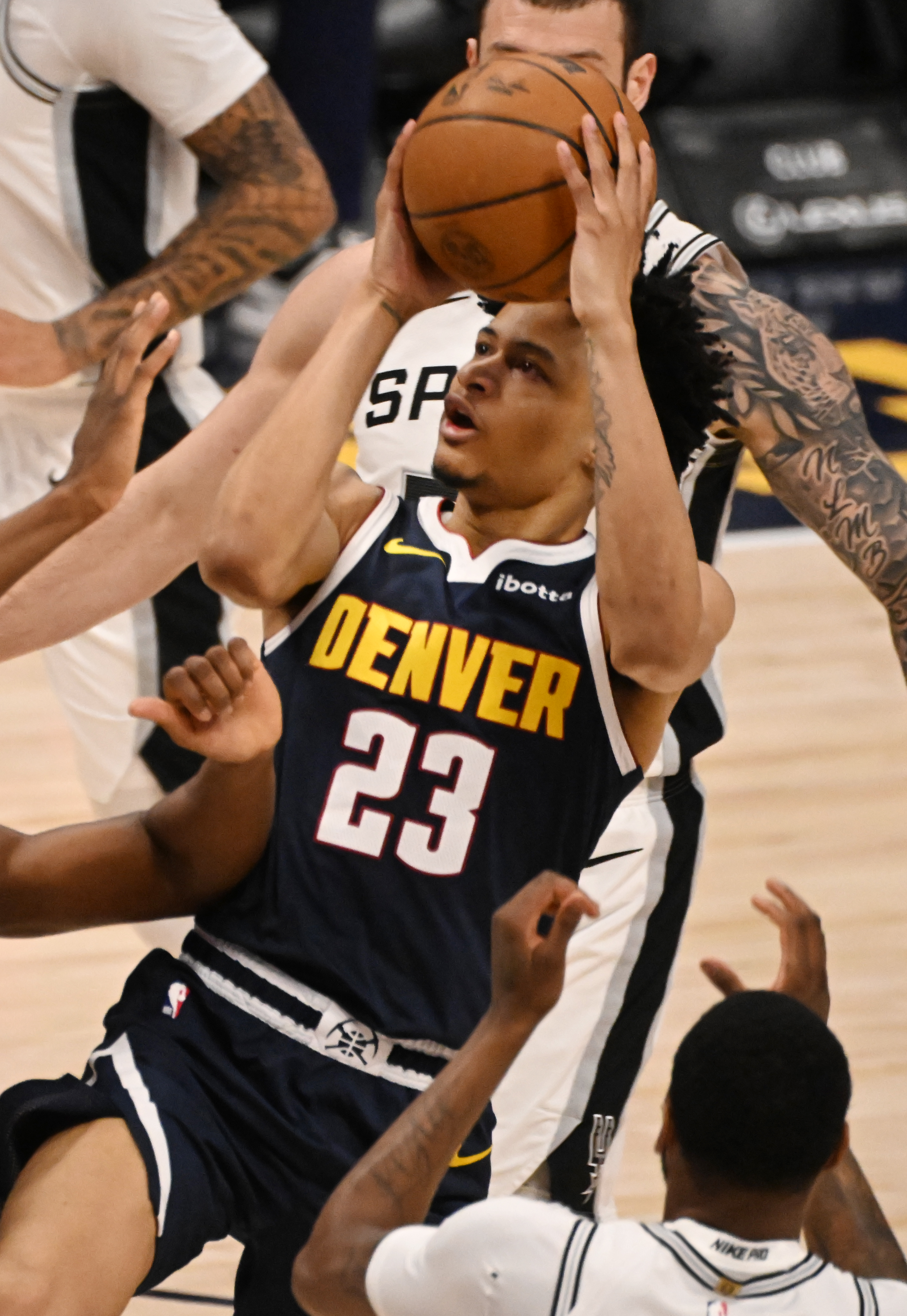 Denver Nuggets guard Trey Alexander (23) shoots the ball during a game against the Spurs at Ball Arena on Thursday, April 3, 2025. (Jerilee Bennett,The Gazette)