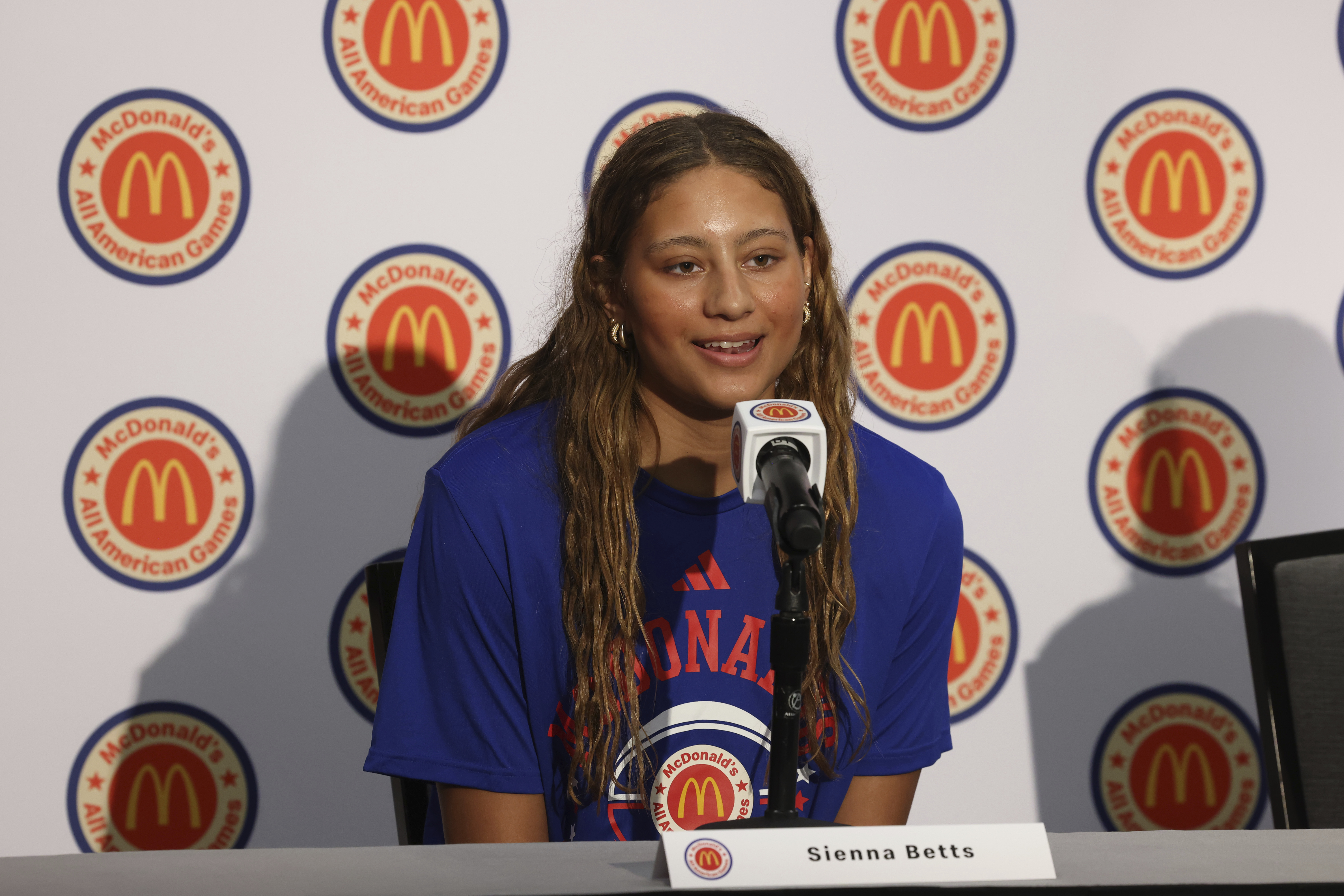 IMAGE DISTRIBUTED FOR MCDONALD'S - Sienna Betts, of Grandview High School in Colorado, who has committed to UCLA next year, takes questions during the McDonald's All American Games Media Day, Monday, March 31, 2025 in New York. (Jason DeCrow/AP Content Services for McDonald's) (Jason DeCrow)