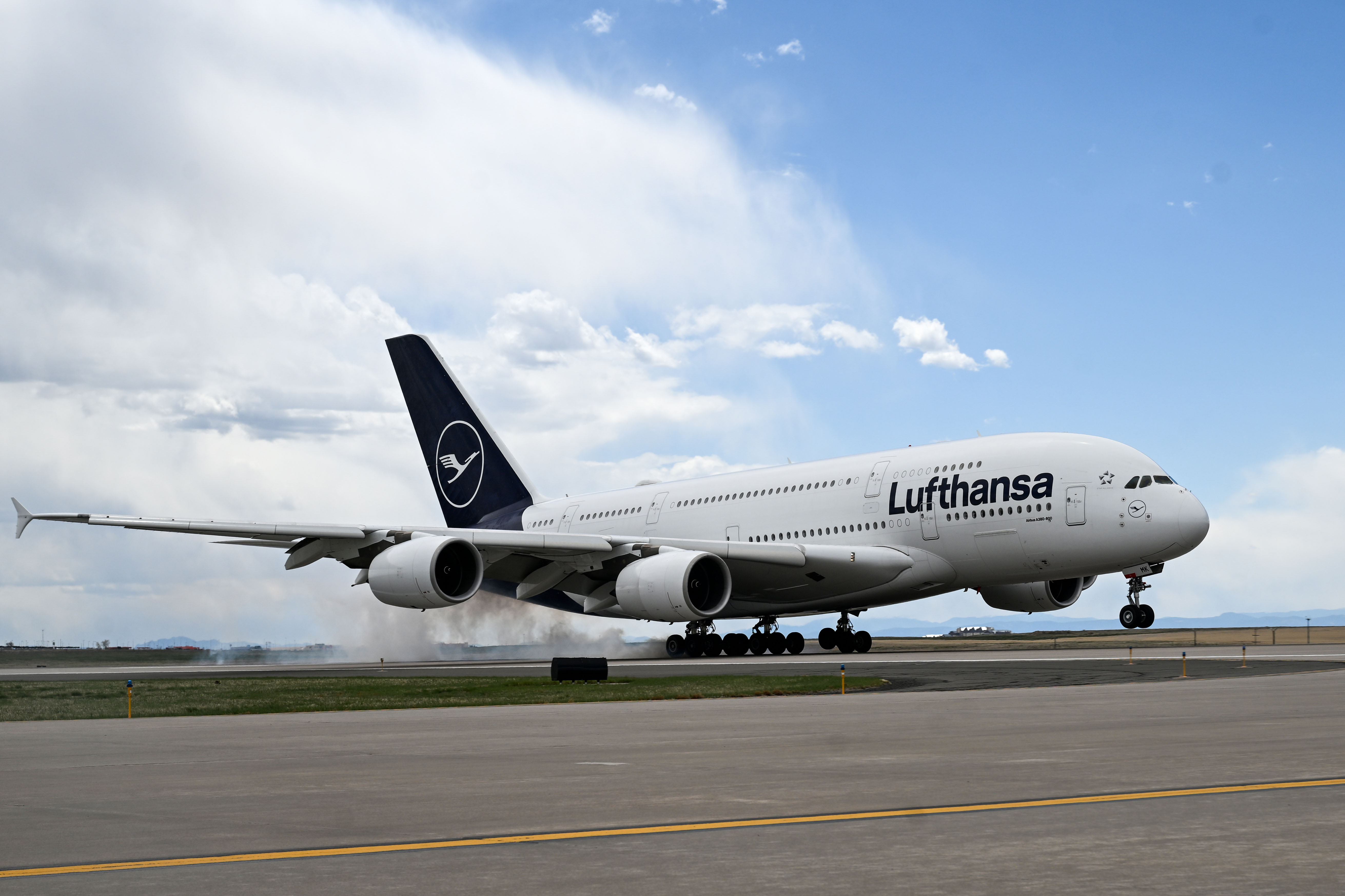 An Airbus A380 from Munich touches down at Denver International Airport on Wednesday, April 30, 2025 as the airport’s first scheduled landing of the world’s largest passenger aircraft. (Stephen Swofford, Denver Gazette) (StephenSwoffordPhotographerstephen.swofford@gazette.comhttps://secure.gravatar.com/avatar/1ddcaf11c5d70eaa58546ddc4e038687?d=mm&r=g)