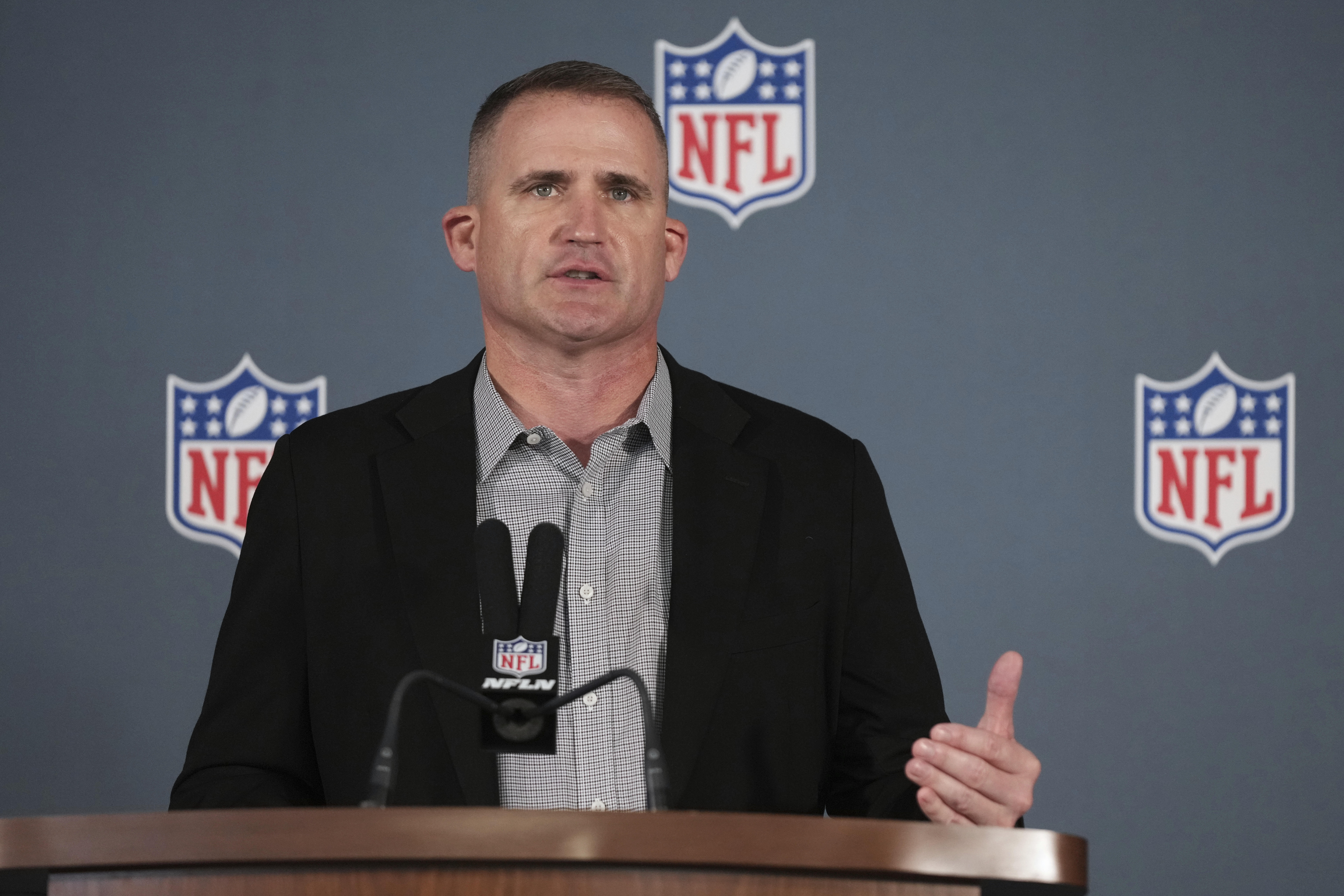 Darren Rizzi, special teams coordinator for the Denver Broncos, speaks during a news conference at the NFL football annual meetings Tuesday, April 1, 2025, in Palm Beach, Fla. (AP Photo/Lynne Sladky) (Lynne Sladky)
