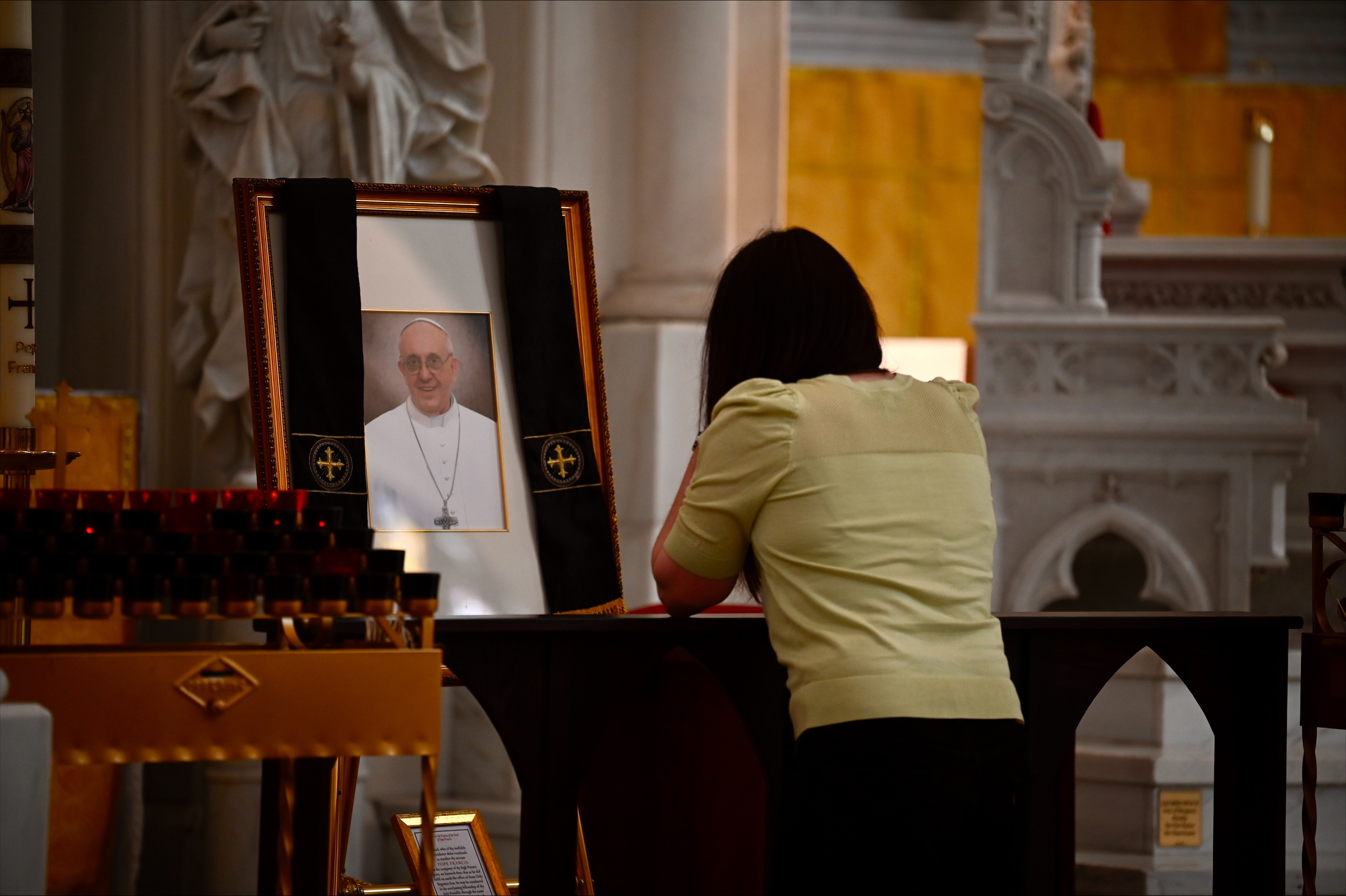 Parishioners pray for the late Pope Francis at the Cathedral Basilica of the Immaculate Conception in Denver Monday. (StephenSwoffordPhotographerstephen.swofford@gazette.comhttps://secure.gravatar.com/avatar/1ddcaf11c5d70eaa58546ddc4e038687?d=mm&r=g)