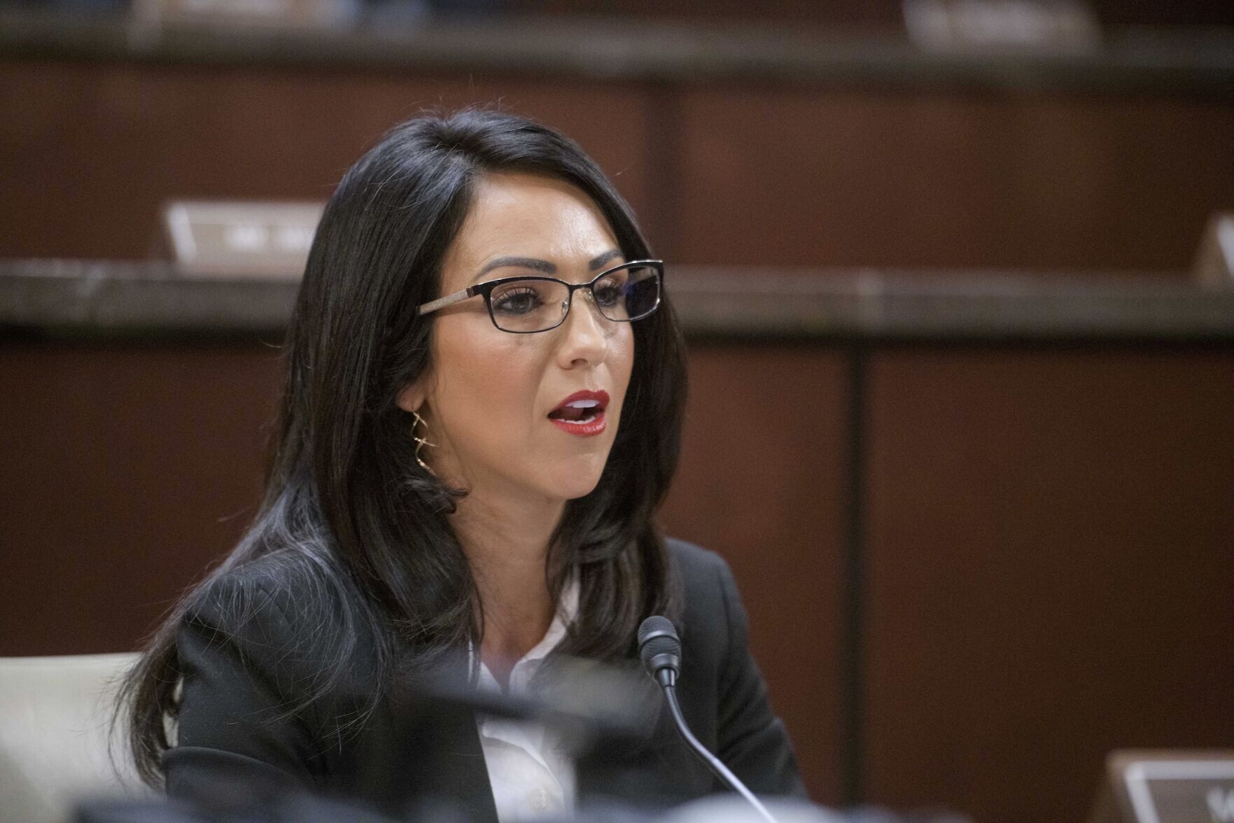 U.S. Rep. Lauren Boebert, a Colorado Republican, questions Denver Mayor Mike Johnston during a House Committee on Oversight and Government Reform hearing on sanctuary cities on Capitol Hill on March 5, 2025, in Washington. ((AP Photo/Rod Lamkey, Jr.))