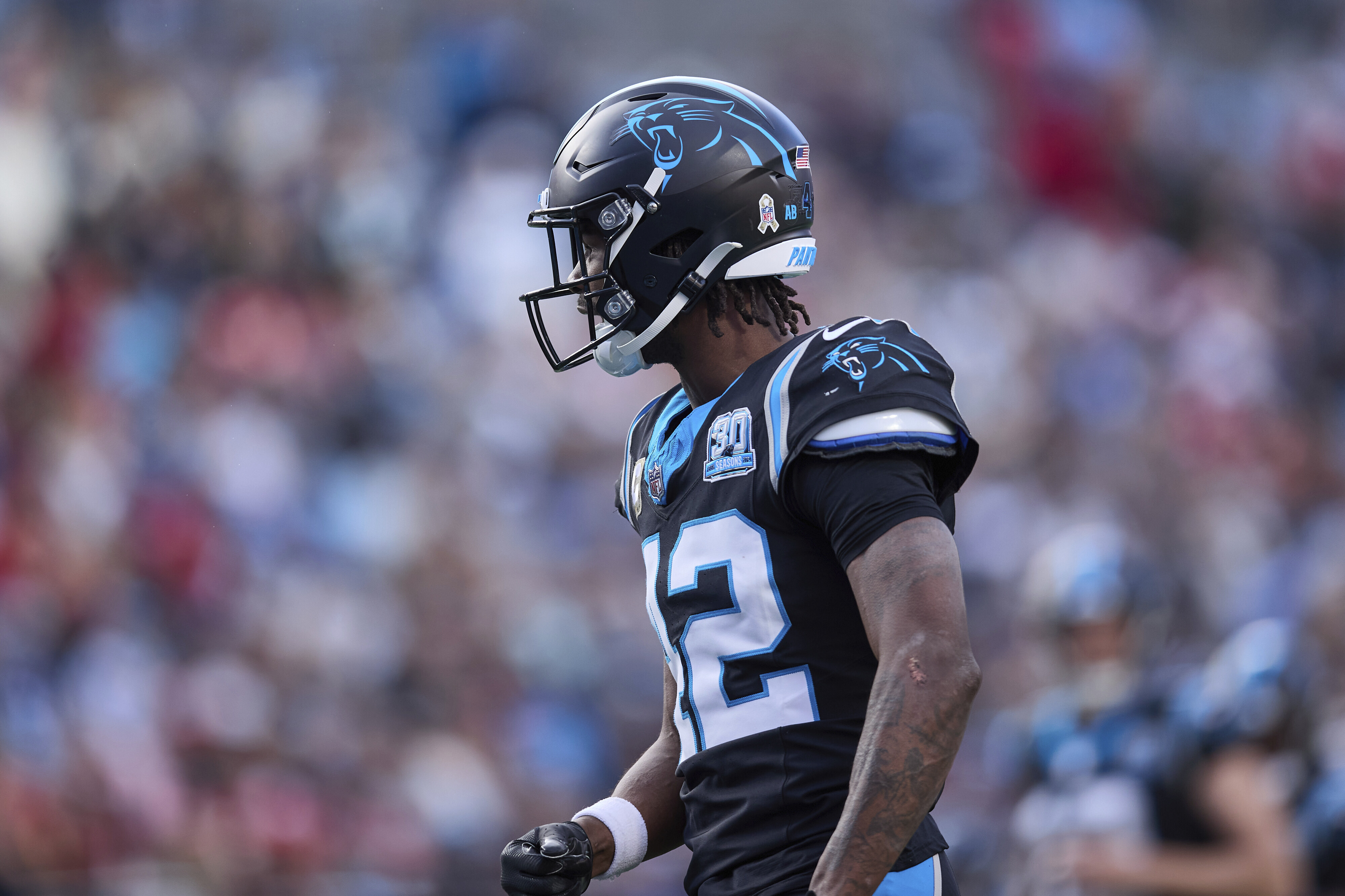 Carolina Panthers safety Sam Franklin Jr. (42) celebrates after making a play during an NFL Football game against the Kansas City Chiefs, Sunday, Nov. 24, 2024, in Charlotte, N.C. (AP Photo/Brian Westerholt) (Brian Westerholt)