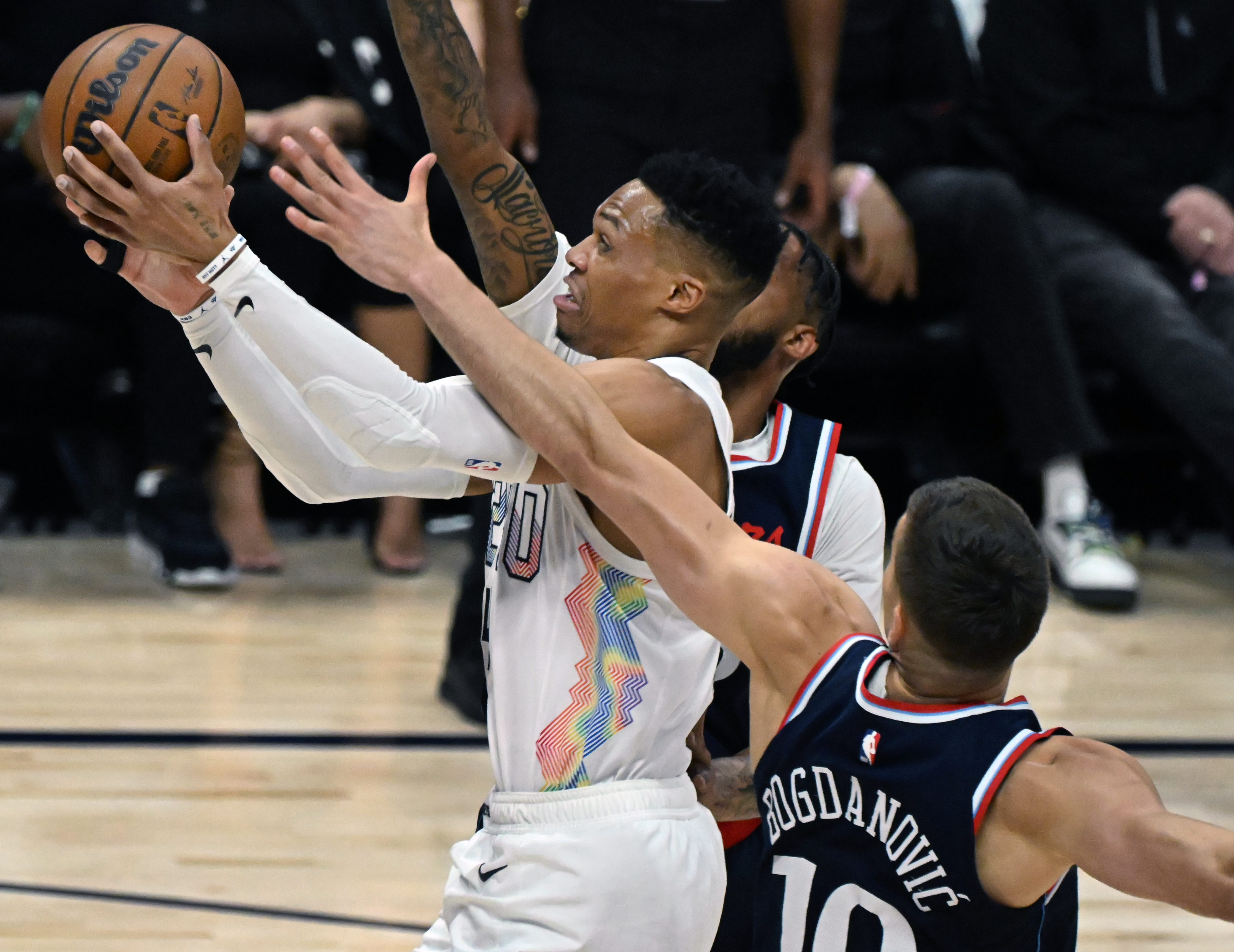 Nuggets guard Russell Westbrook goes up for shot over Clippers guard Bogdan Bogdanovic during the first quarter of Game 5 of the first round of the NBA playoffs at Ball Arena on Tuesday, April 29, 2025. (Jerilee Bennett, The Gazette)