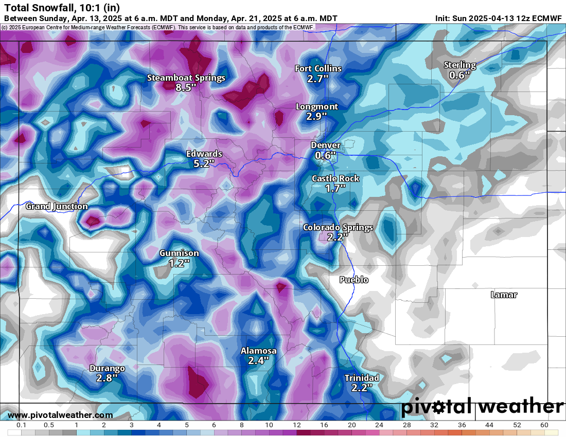 An ECMWF Total snowfall 1o:1 (in) forecast map of Colorado from 6 a.m., Sunday, April 13 to 6 a.m., Monday, April 21, 2025. (PivotalWeather.com)