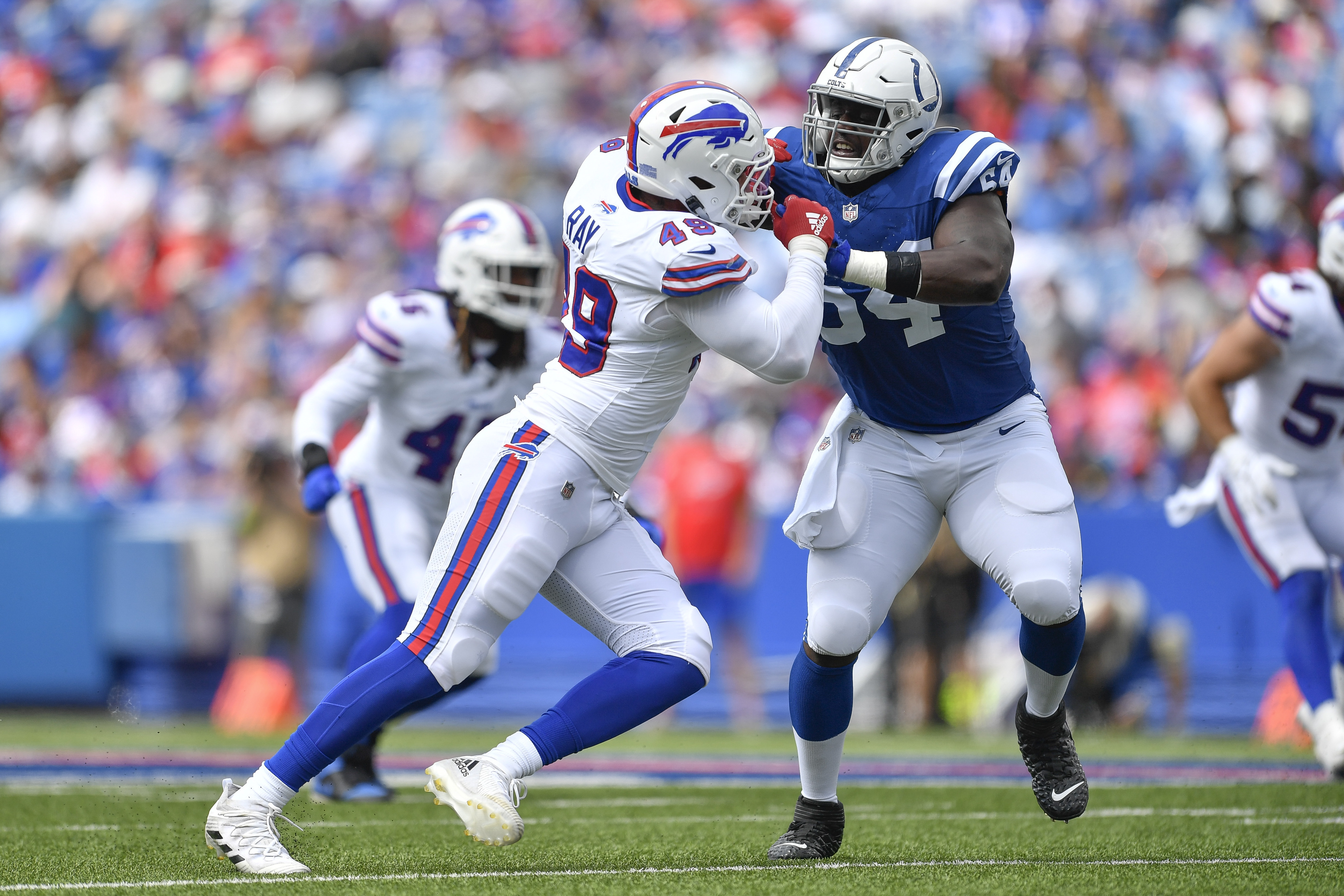 Indianapolis Colts guard Arlington Hambright, right, blocks against Buffalo Bills linebacker Shane Ray during the second half an NFL preseason football game in Orchard Park, N.Y., Saturday, Aug. 12, 2023. (AP Photo/Adrian Kraus) (Adrian Kraus)