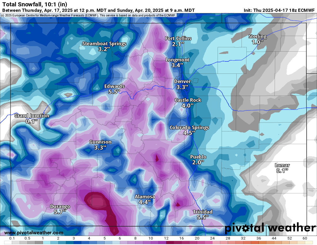 An ECMWF Total snowfall 10:1 (in) forecast map of Colorado from 12 p.m., Thursday, April 17 to 9 a.m., Sunday, April 20, 2025. (PivotalWeather.com)