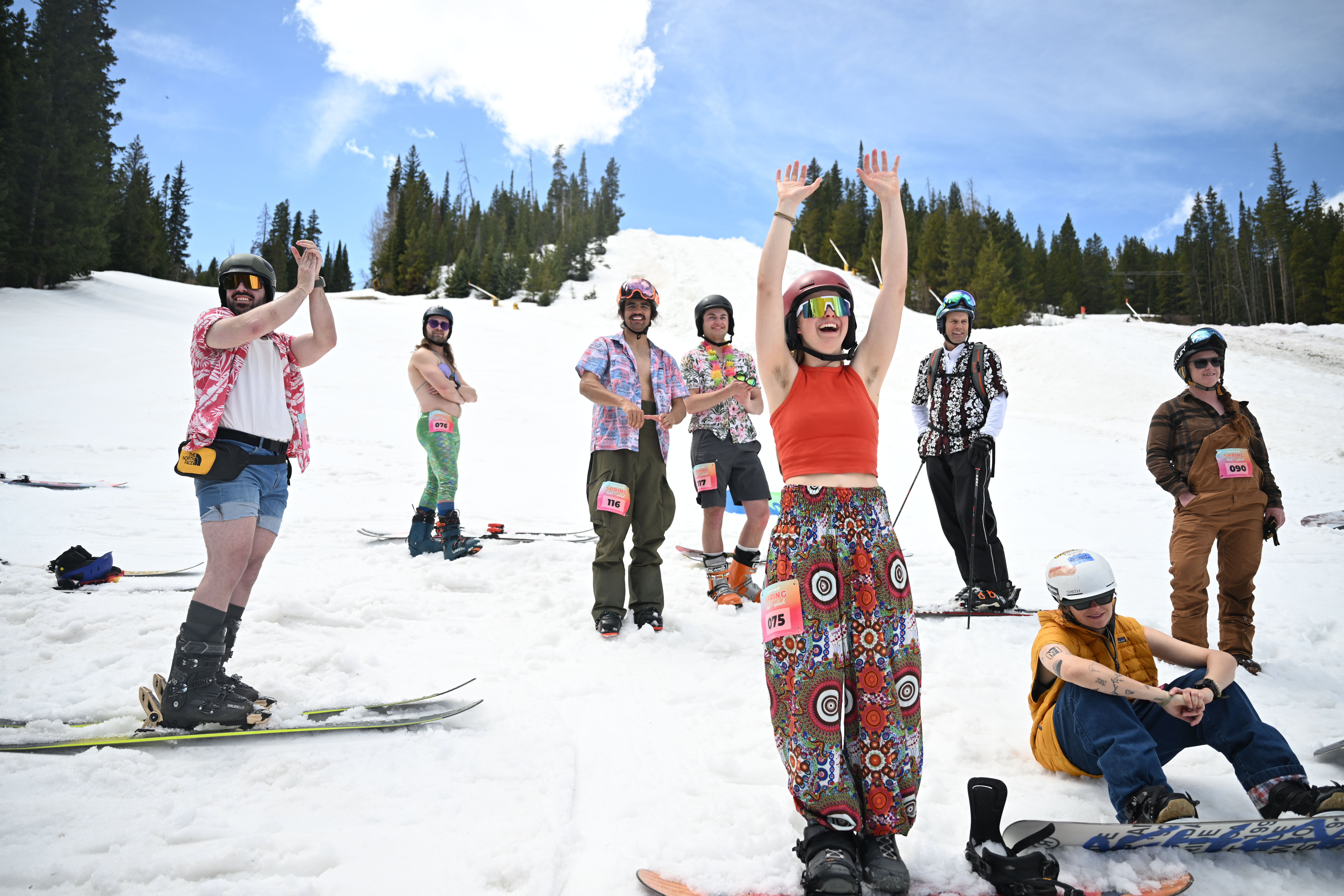 Skier cheer from the top of the course as they watch fellow competitors attempt to ski and snowboard down an obstacle course ending in a pool of water at the base of Winter Park during the Spring Splash event to celebrate the last day of the season on Sunday, April 27, 2025 (Stephen Swofford, Denver Gazette) (StephenSwoffordPhotographerstephen.swofford@gazette.comhttps://secure.gravatar.com/avatar/1ddcaf11c5d70eaa58546ddc4e038687?d=mm&r=g)