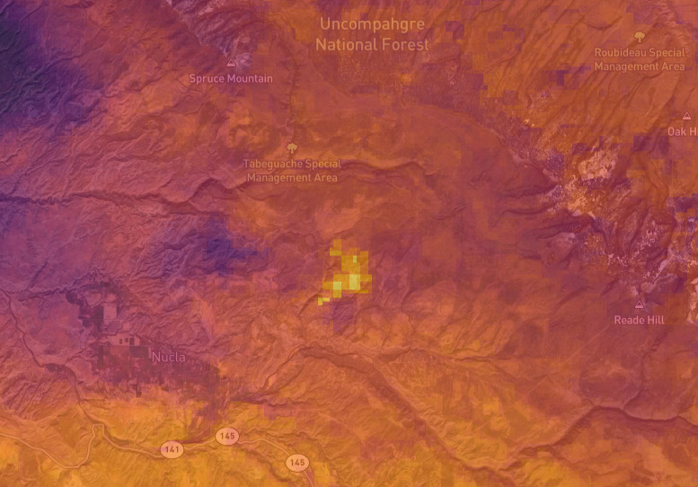 A satellite image of the Bucktail Fire in Colorado's Montrose County in August 2024. (Courtesy photo, OroraTech)
