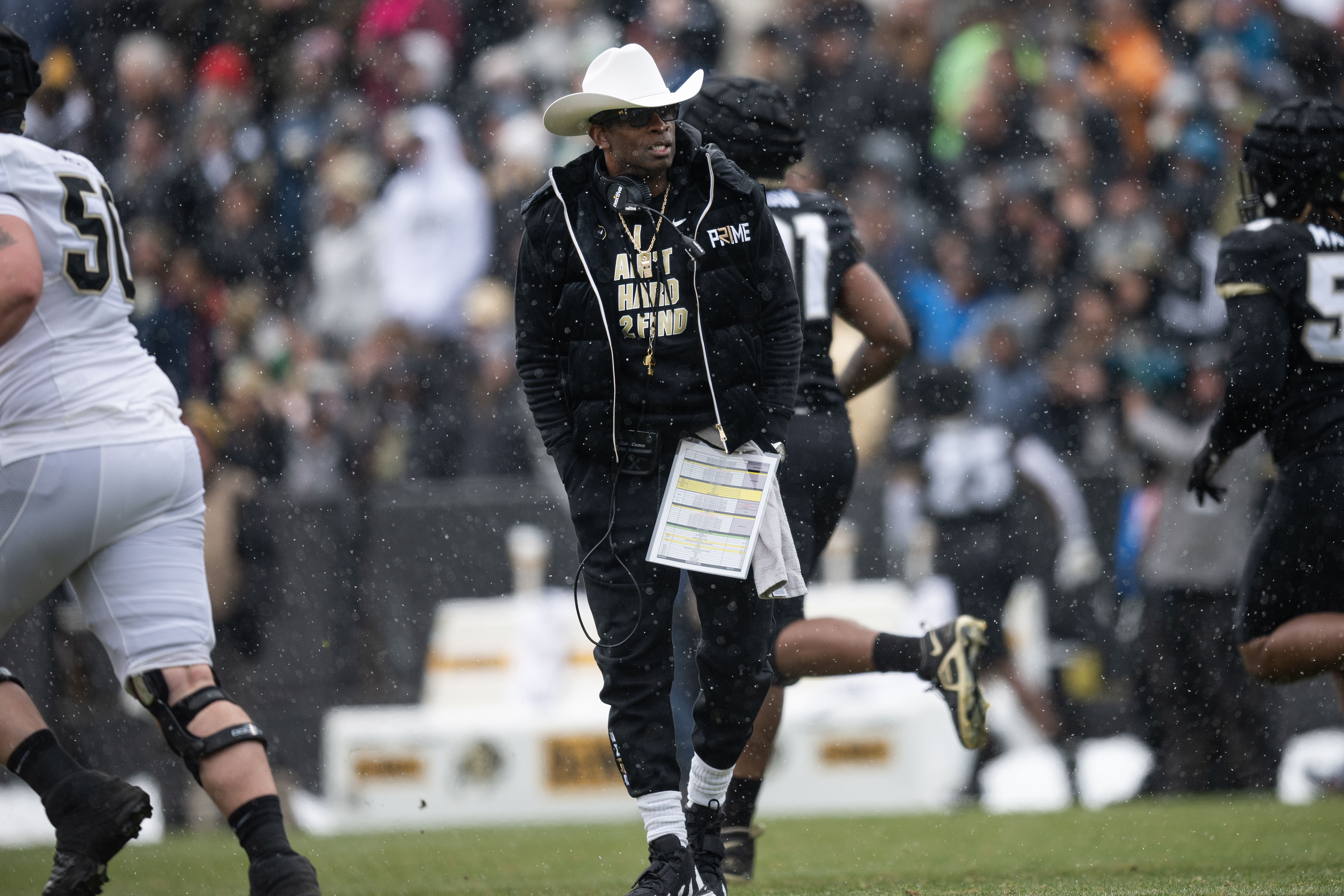 University of Colorado Boulder head coach Deion Sanders looks on from the field during the university’s Black & Gold Day Spring Game on Saturday, April 22, 2023, at Folsom Field in Boulder, Colo. (Timothy Hurst/Denver Gazette) (TimHursttim.hurst@gazette.comhttps://secure.gravatar.com/avatar/aca82bd62b4ee425c598527cd6faa1b1?d=mm&r=g)