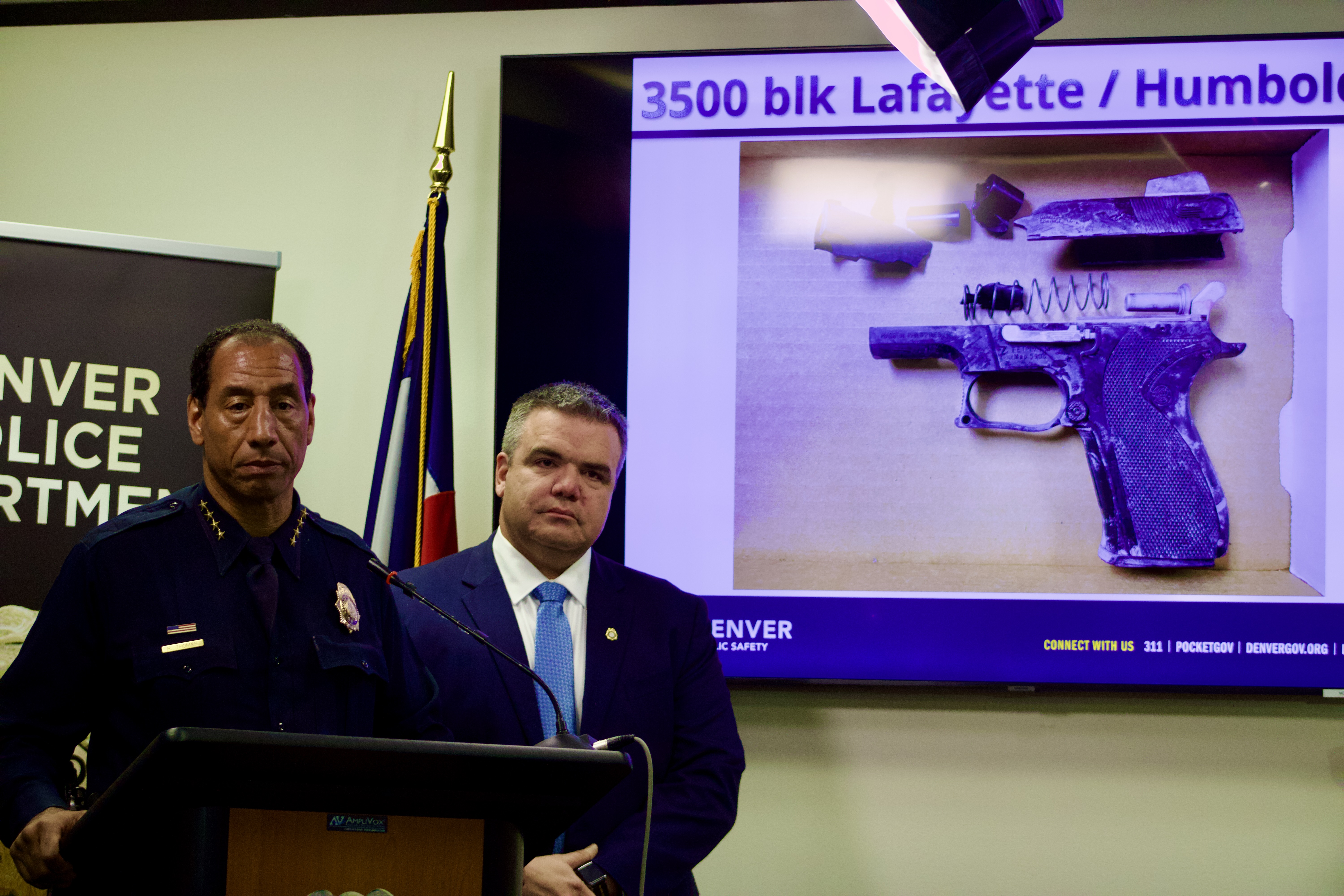 FILE PHOTO: Denver Police Chief Ron Thomas and Denver Police Department Major Crimes Division Commander Matt Clark speak at a news conference on Thursday, April 3 at the Denver Police Administrative Building. The two top police officials discussed a deadly shooting from March 20, when four officers shooting and killing an armed man near the 3500 block of Lafayette Street near Humboldt Street. (NoahFestensteinCity Government Reporternoah.festenstein@denvergazette.comhttps://denvergazette.com/content/tncms/avatars/9/f0/326/9f032698-379f-11ee-8053-8bacbed4931f.60984dba383441d9647e0e740a08a8e6.png)