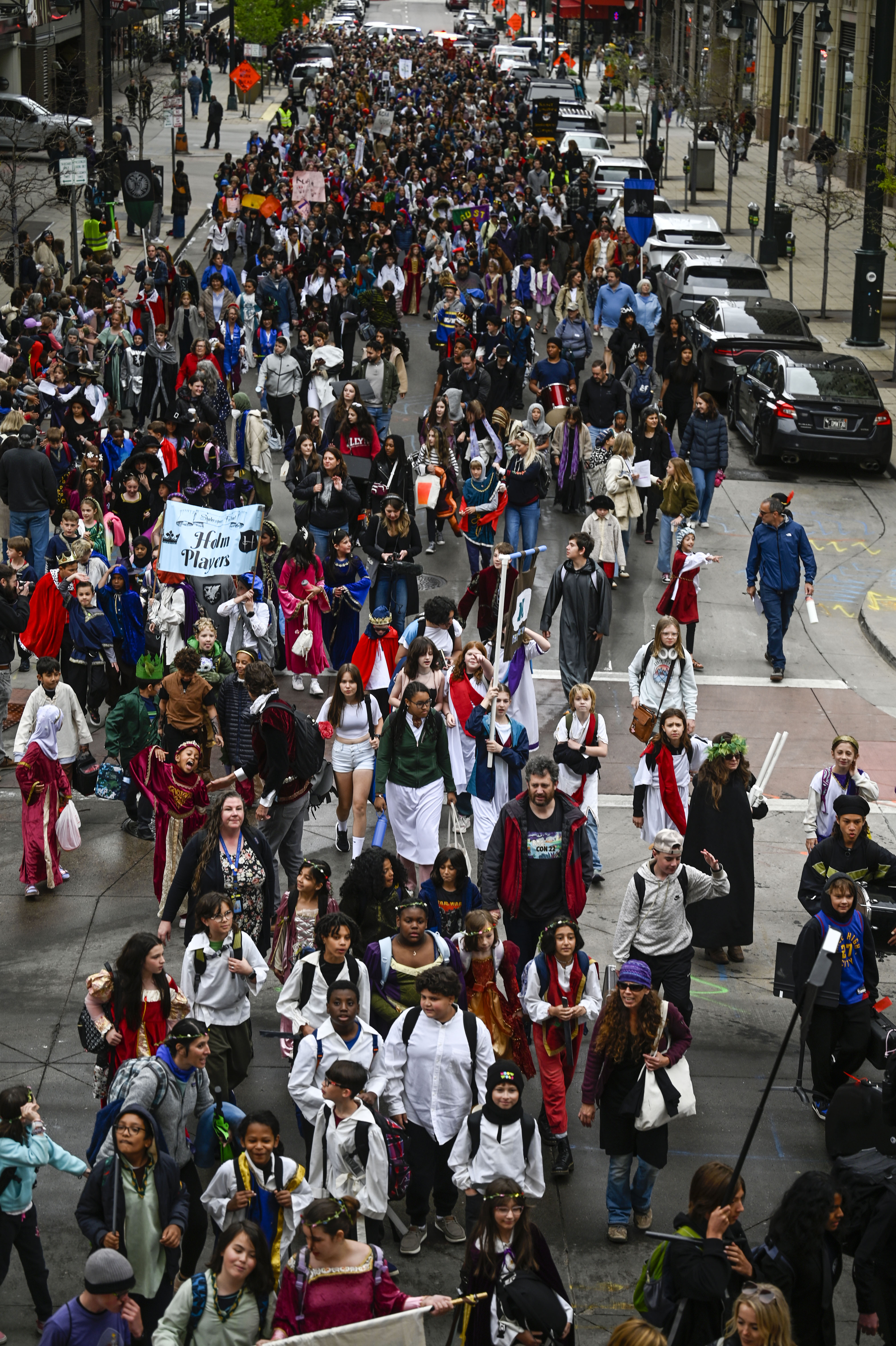Five thousand students of all ages from Denver Public Schools march from Skyline park to the Denver Center for Performing Arts during the opening parade to kick off the 41st Annual DPS Shakespeare Festival on Friday, April 25, 2025. The festival is the oldest and largest student Shakespeare festival in the country. (Stephen Swofford, Denver Gazette) (StephenSwoffordPhotographerstephen.swofford@gazette.comhttps://secure.gravatar.com/avatar/1ddcaf11c5d70eaa58546ddc4e038687?d=mm&r=g)