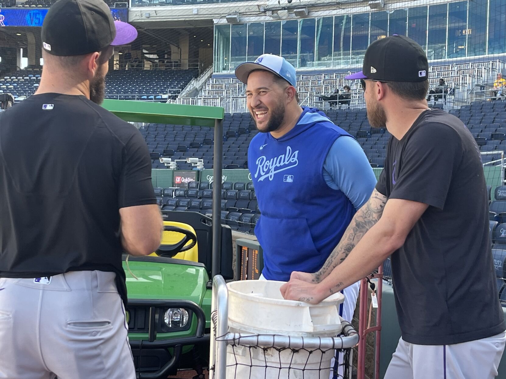 Kansas City Royals closer Carlos Estevez (center) talks with his former Colorado Rockies teammates Tyler Kinley (left) and Kyle Freeland prior to Tuesday's game in Kansas City, Mo. (Brent Briggeman, The Gazette) (Brent Briggeman, The Gazette)