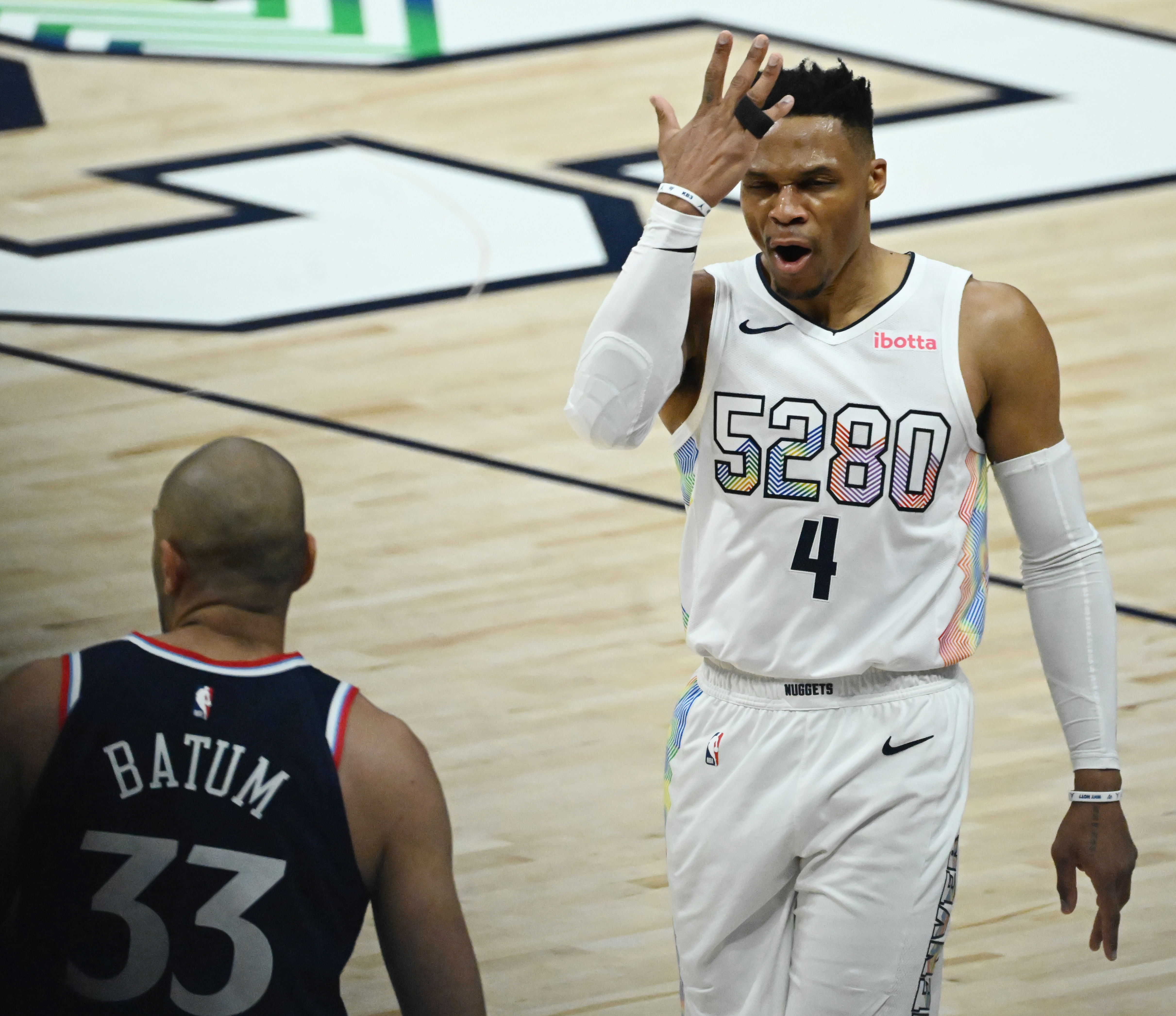 After shooting a three-pointer, Denver Nuggets guard Russell Westbrook (4) is congratulated by Denver Nuggets guard Jamal Murray (27) during the 2nd quarter of game 5 of the first round of the Western Championships at Ball Arena on Tuesday, April 29, 2025. (Jerilee Bennett,The Gazette)