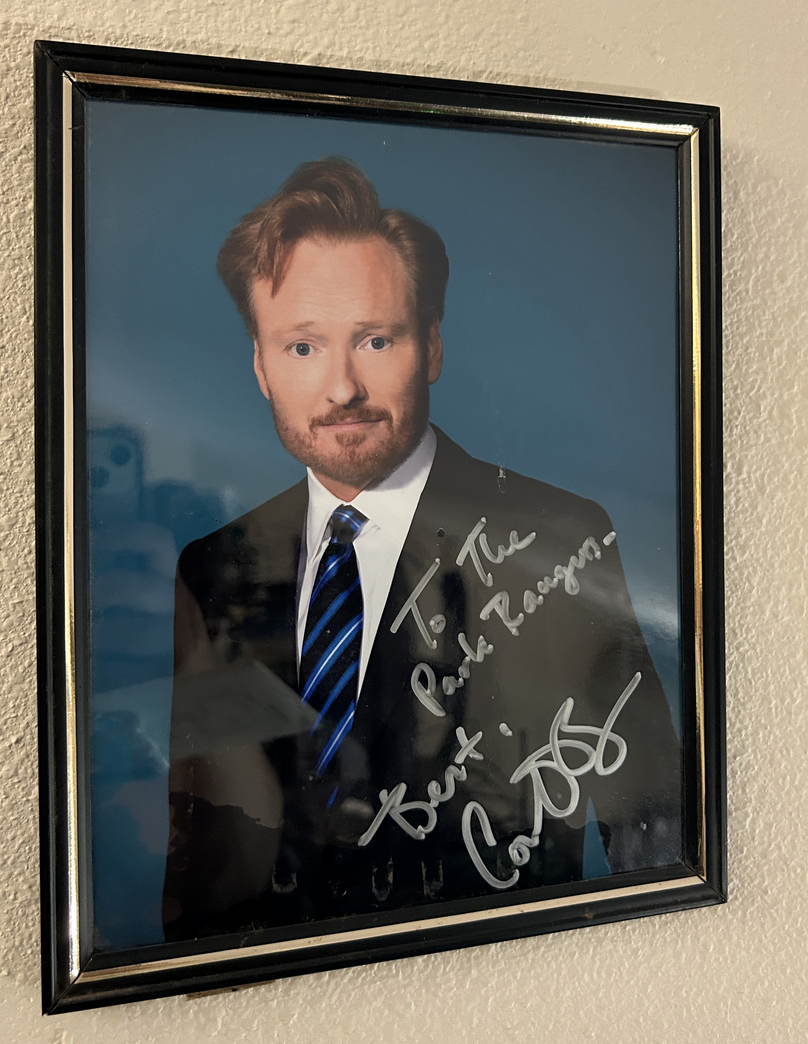 This is the famed, framed photo of Conan O'Brien that showed up on a wall at the Colorado Department of Wildlife office at Roxborough State Park. (COLORADO PARKS AND WILDLIFE)