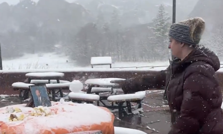 Screenshot from the tongue-in-cheek video made by Colorado Department of Wildlife Rangers celebrating Conan O'Brien's birthday in his absence – by pelting his face with snowballs. (COLORADO PARKS AND WILDLIFE)