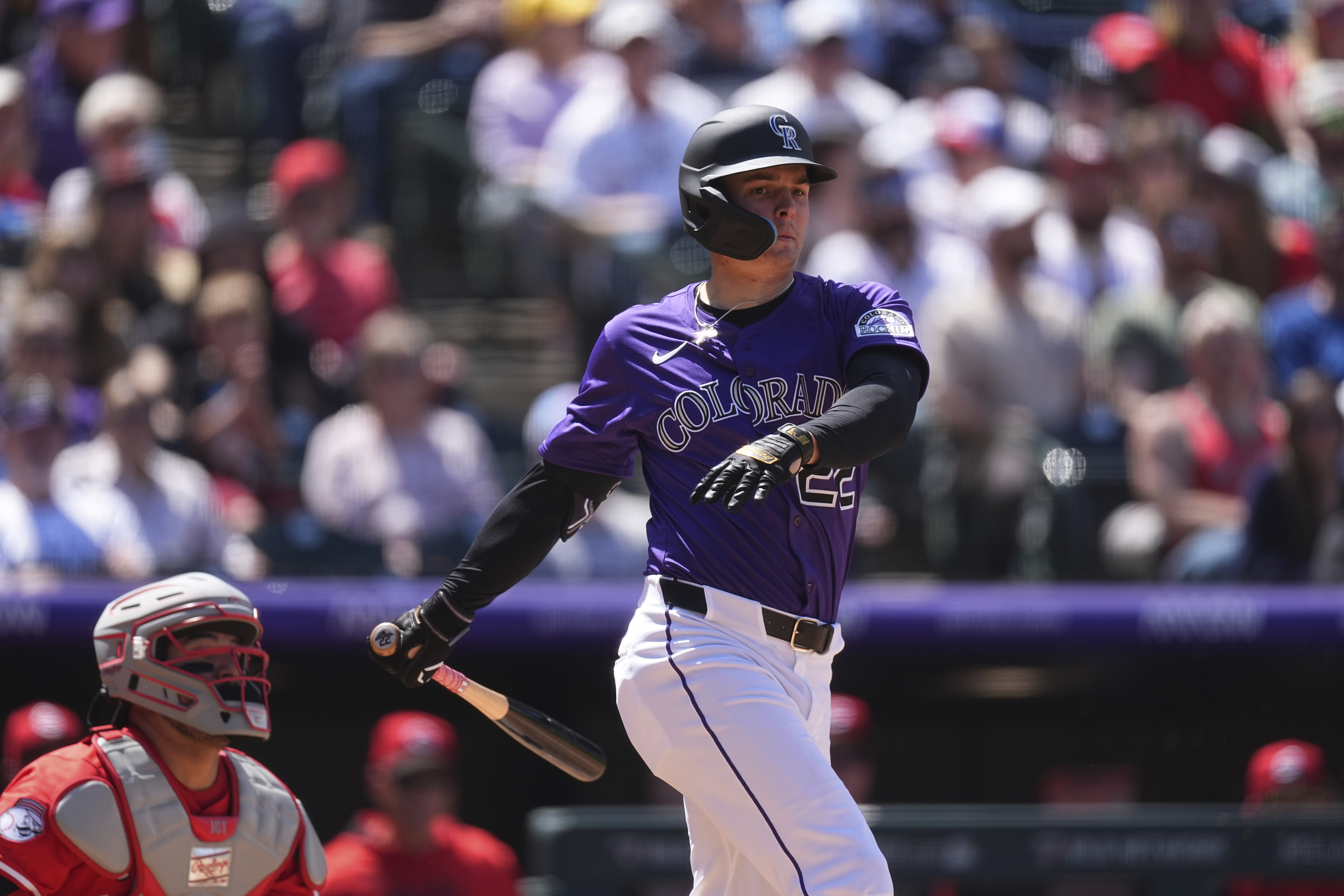Colorado Rockies center fielder Mickey Moniak (22) in the fourth inning of a baseball game Saturday, April 26, 2025, in Denver. (AP Photo/David Zalubowski) (David Zalubowski)
