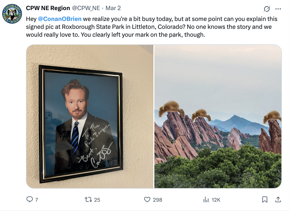 The tweet from the Colorado Department of Wildlife's Northeast Region X account that finally drew Conan O'Brien's response on his podcast. (COLORADO PARKS AND WILDLIFE)