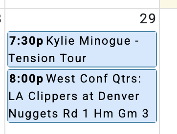 The Ball Arena online calendar continued to shows the Nuggets game and the Minogue concert as taking place at the same time next Tuesday all the way until about 5 p.m. Wednesday, even though the schedule conflict has been known since Monday night. (BALL ARENA WEBSITE)