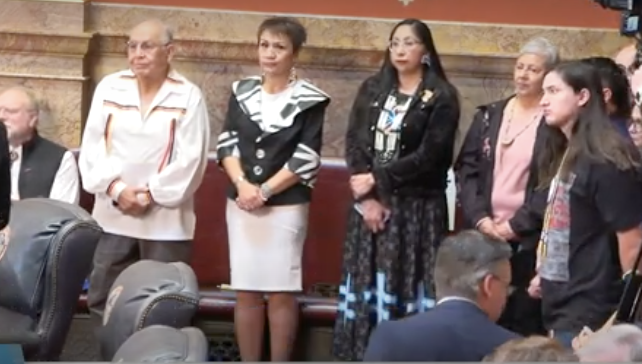 Representatives of the Cheyenne and Arapaho tribes at the state Senate, Monday, April 14. The representatives were there for the passage of a joint resolution that signs off on the design and site of a memorial to the victims and survivors of the Sand Creek massacre. Screenshot courtesy Colorado Channel. (MarianneGoodlandmarianne.goodland@coloradopolitics.comhttps://secure.gravatar.com/avatar/125a14b7bd9266f61a445ec13b1d3605?d=mm&r=g)