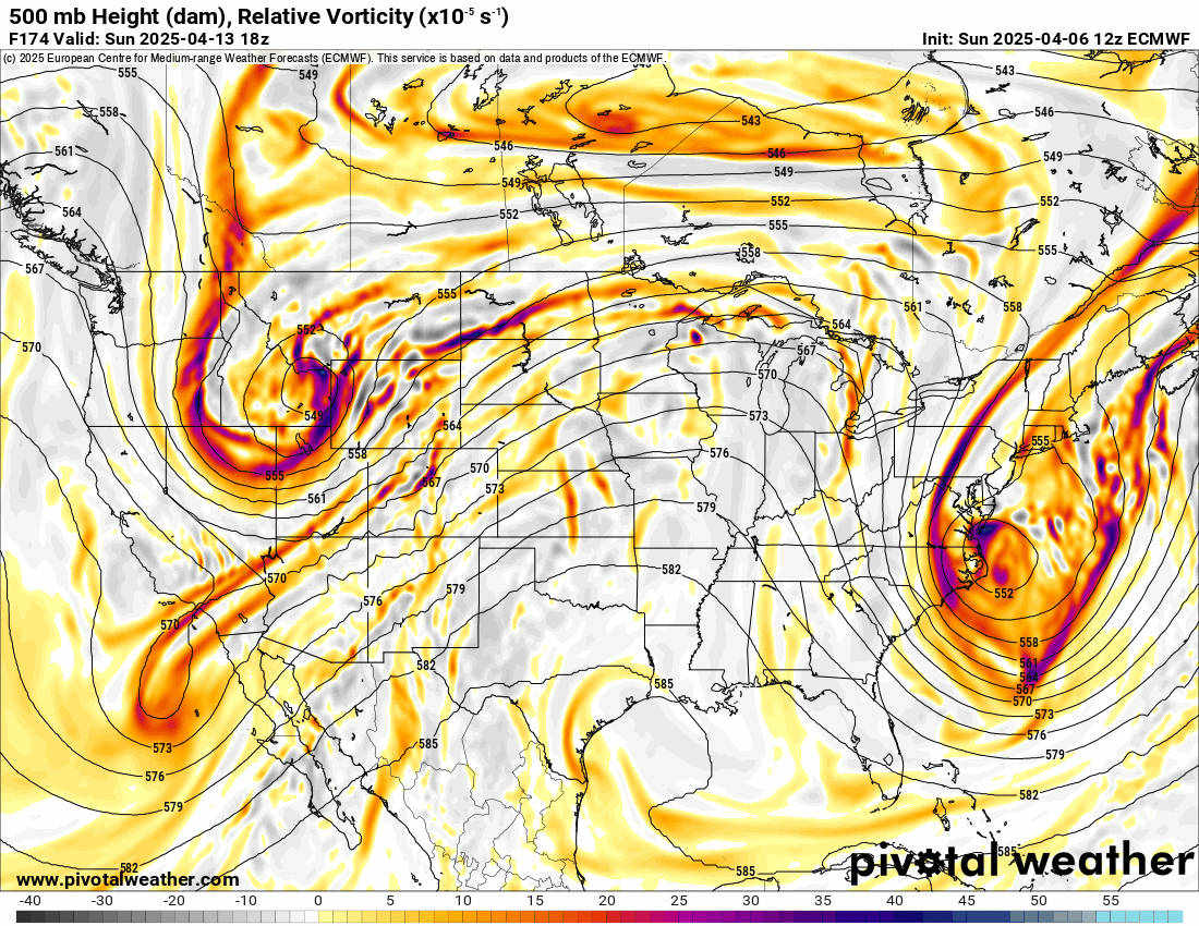 An ECMWF 500 mb Height (dam), Relative Vorticity forecast loop of the U.S. from April 13-19, 2025. Potential storminess will return to Colorado during mid-April with the potential for more snow across much of the state's high country. (PivotalWeather.com)