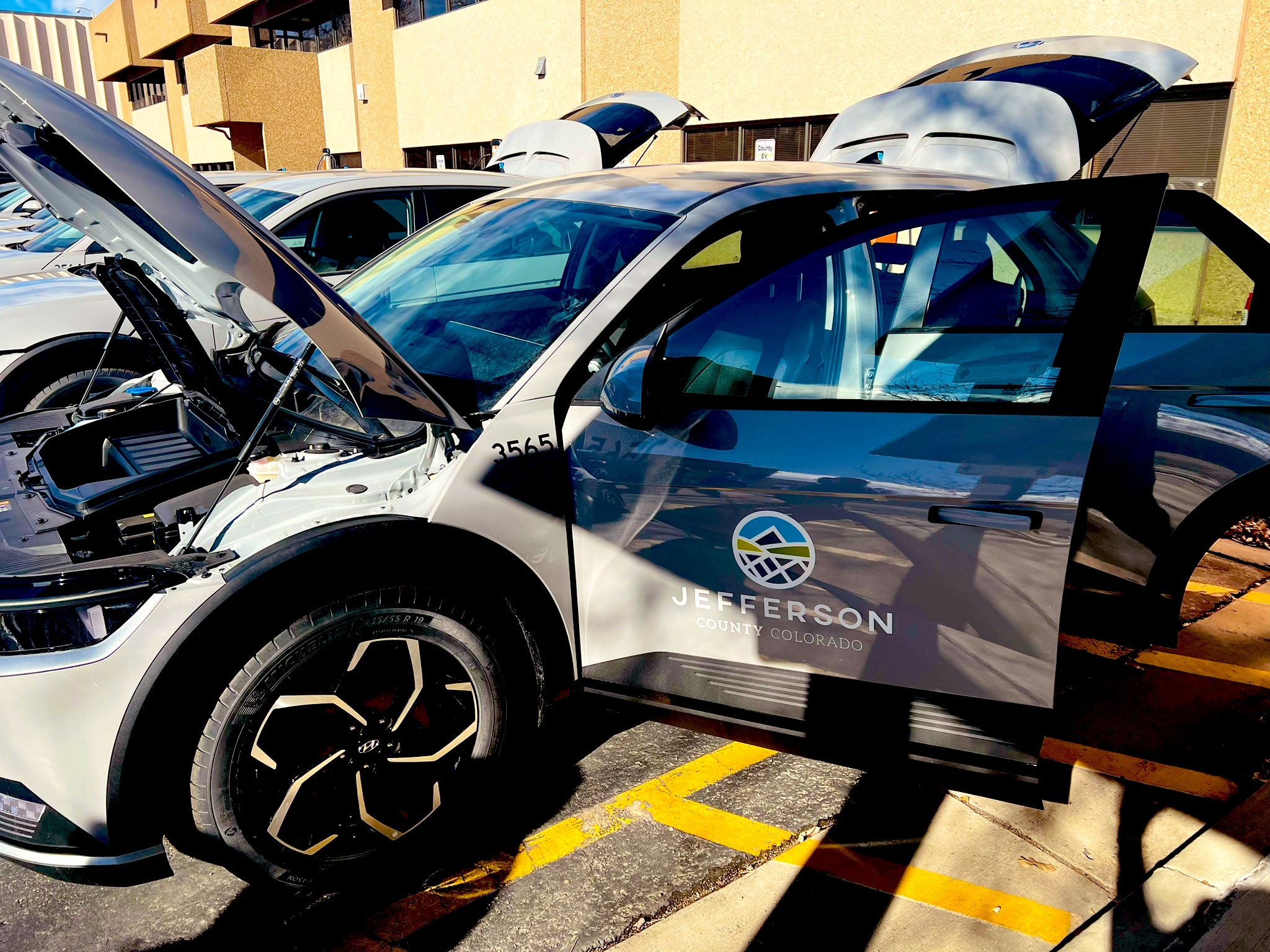 One of the six 2023 Hyundai Ioniq electric vehicles introduced to the county's fleet in January 2024 as part of the county's electric vehicle program. The use of electric vehicles is set to help the county's mission to reduce greenhouse gas pollution. (Courtesy of Jefferson County)