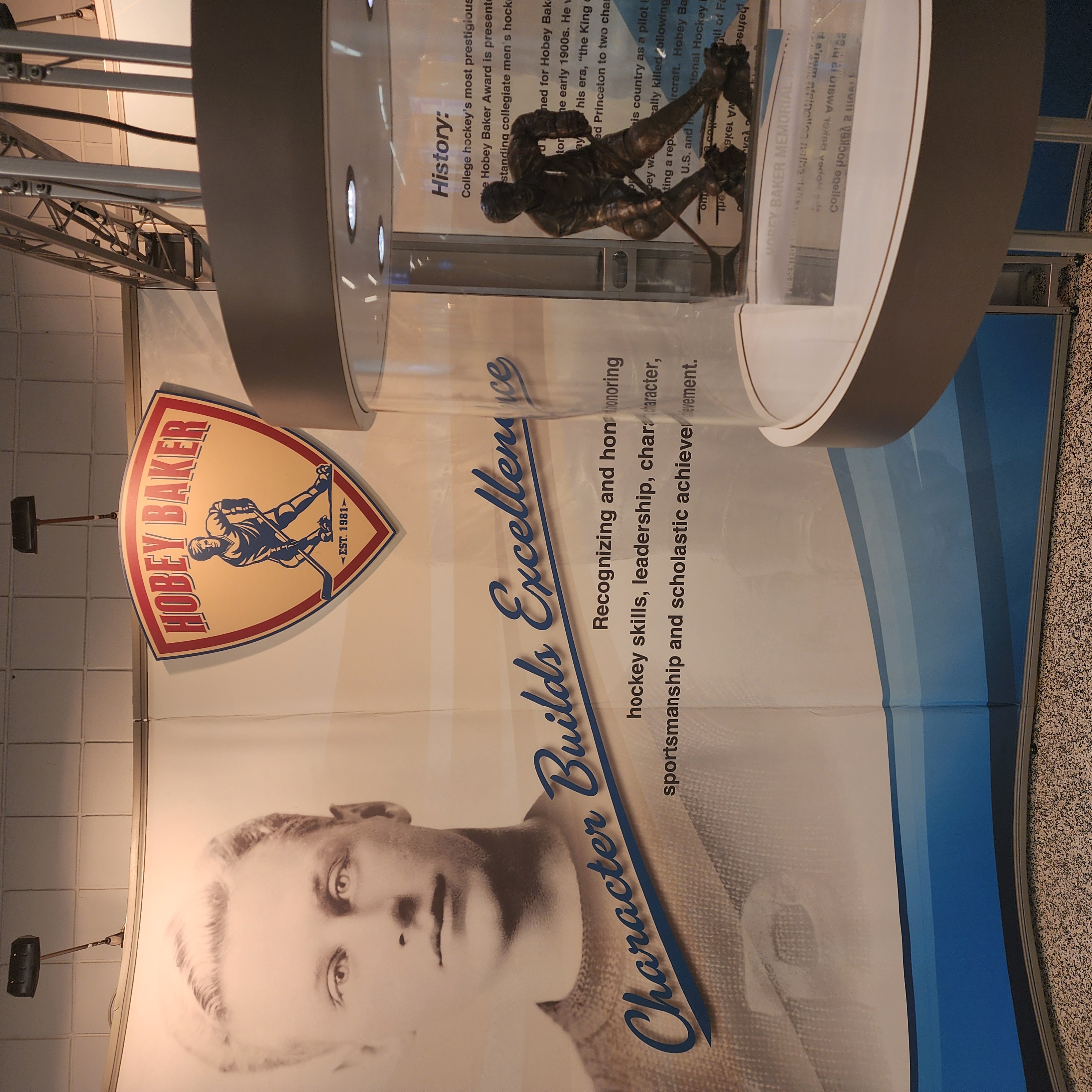 The Hobey Baker Trophy, on display at Enterprise Center in St. Louis ahead of the 2025 NCAA College Hockey National Championship game. (Marco Cummings)