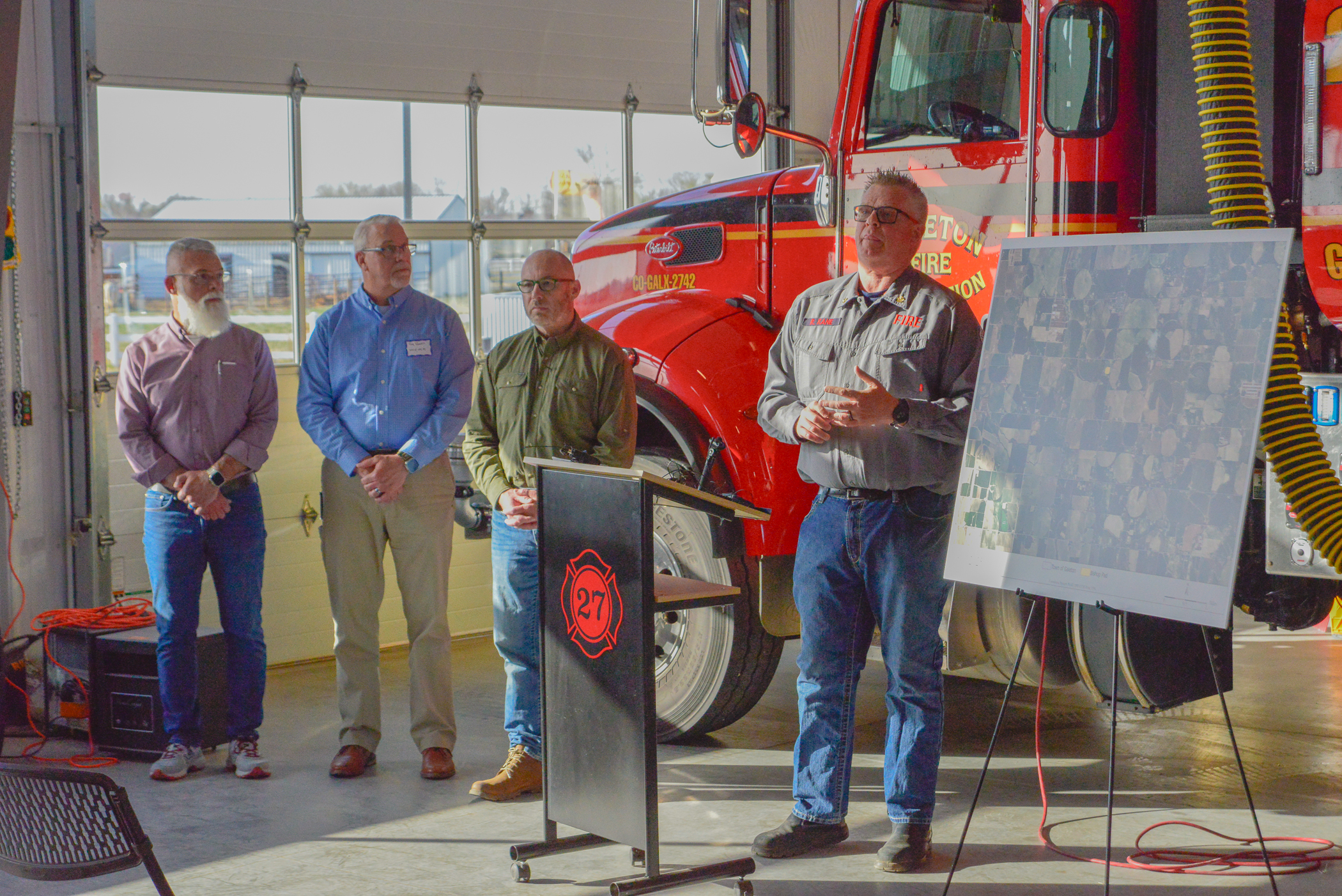 Galeton Fire Protection District Chief Russ Kane and representatives from Weld County Emergency Management and Chevron at a press conference about the status of the Noble/Chevron Bishop natural gas well blowout near Galeton, Colo. on Thursday, April 10, 2025 (ScottWeiserEnterprise Reporterscott.weiser@gazette.comhttps://secure.gravatar.com/avatar/bedf4ba0a073402c3991ce97ce2869c4?d=mm&r=g)