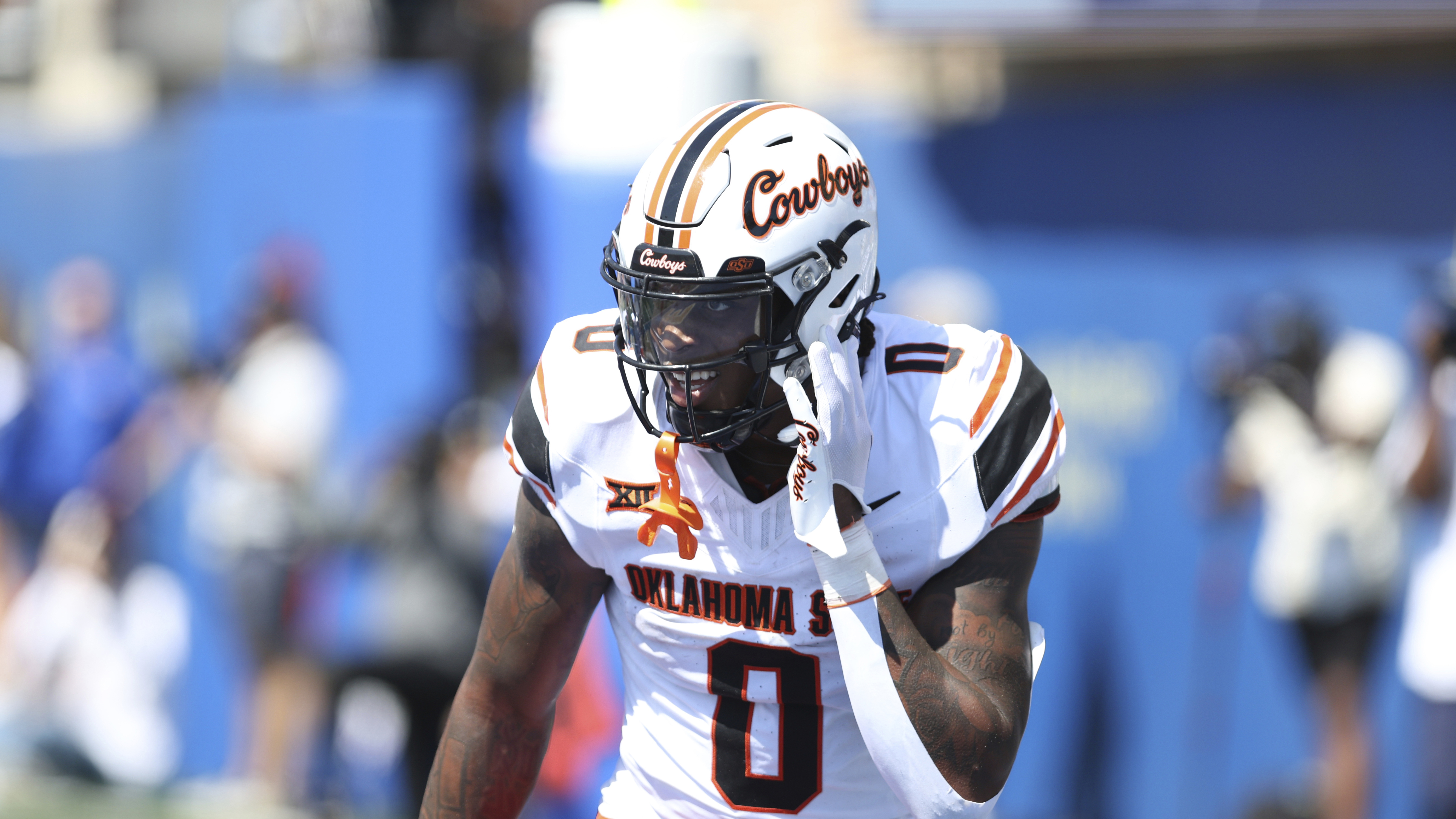 Oklahoma State running back Ollie Gordon II (0) comes off the field after a good run against Tulsa during the first half of an NCAA college football game, Saturday, Sept. 14, 2024, in Tulsa, Okla. (AP Photo/Joey Johnson) (Joey Johnson)