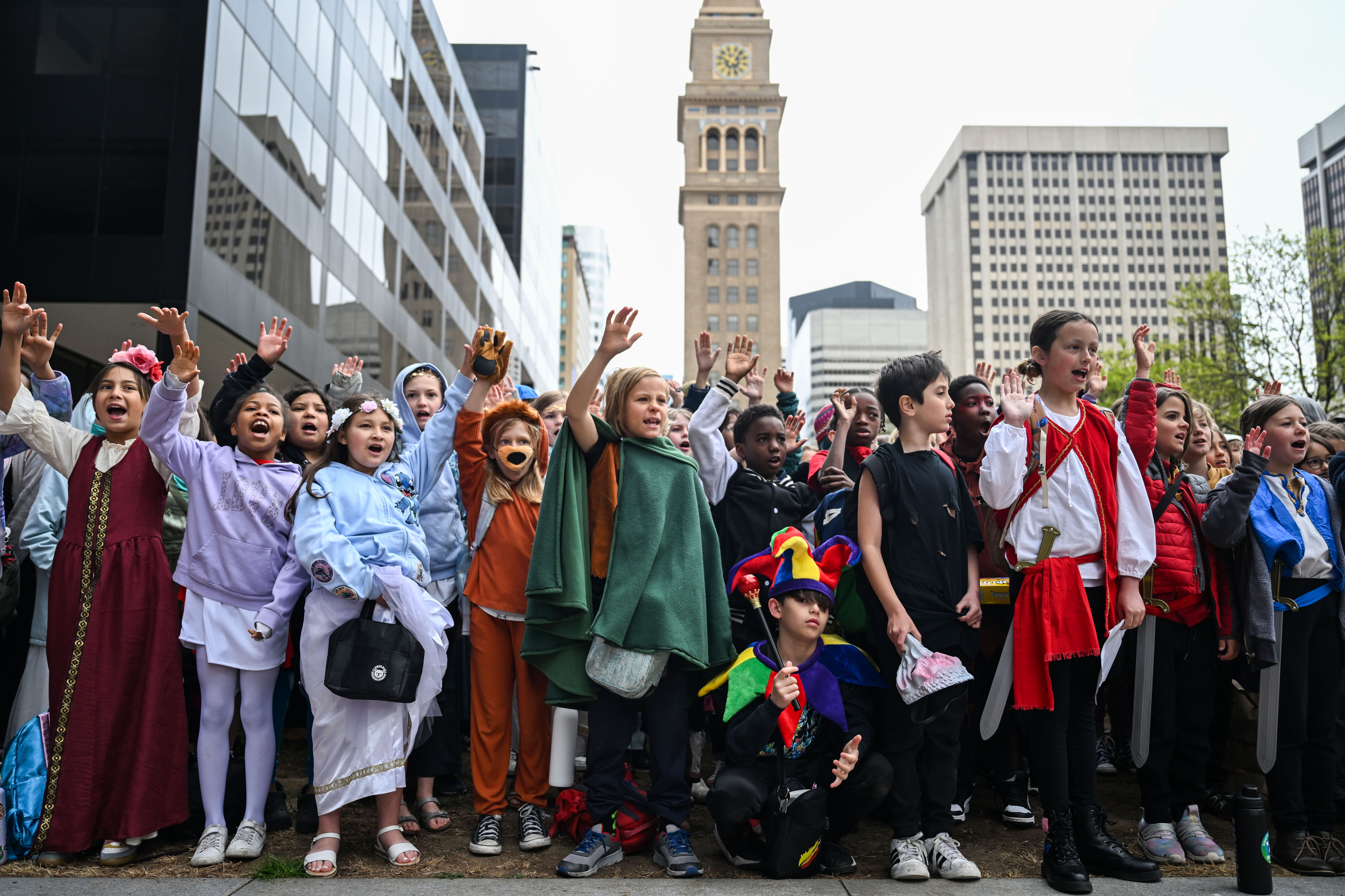 Five thousand students of all ages from Denver Public Schools learn a Shakespearean curse at Skyline Park during the opening ceremonies of the 41st Annual DPS Shakespeare Festival on Friday, April 25, 2025. The festival is the oldest and largest student Shakespeare festival in the country. (Stephen Swofford, Denver Gazette) (StephenSwoffordPhotographerstephen.swofford@gazette.comhttps://secure.gravatar.com/avatar/1ddcaf11c5d70eaa58546ddc4e038687?d=mm&r=g)