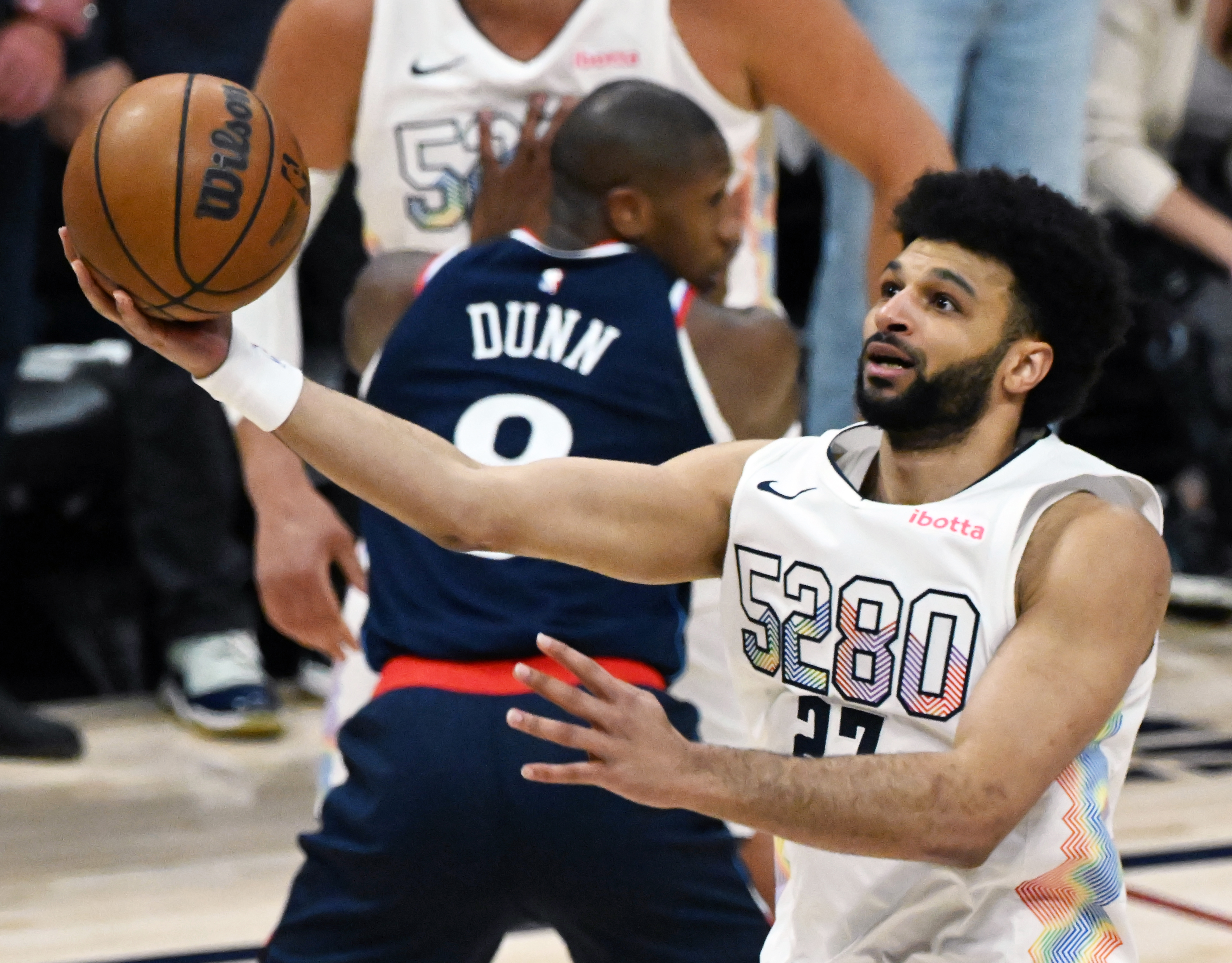 Denver Nuggets guard Jamal Murray (27) goes up for a shot during game 5 of Round 1 against the Clippers on Tuesday, April 29, 2025. The Nuggets won the game 131-115. (Jerilee Bennett,The Gazette)