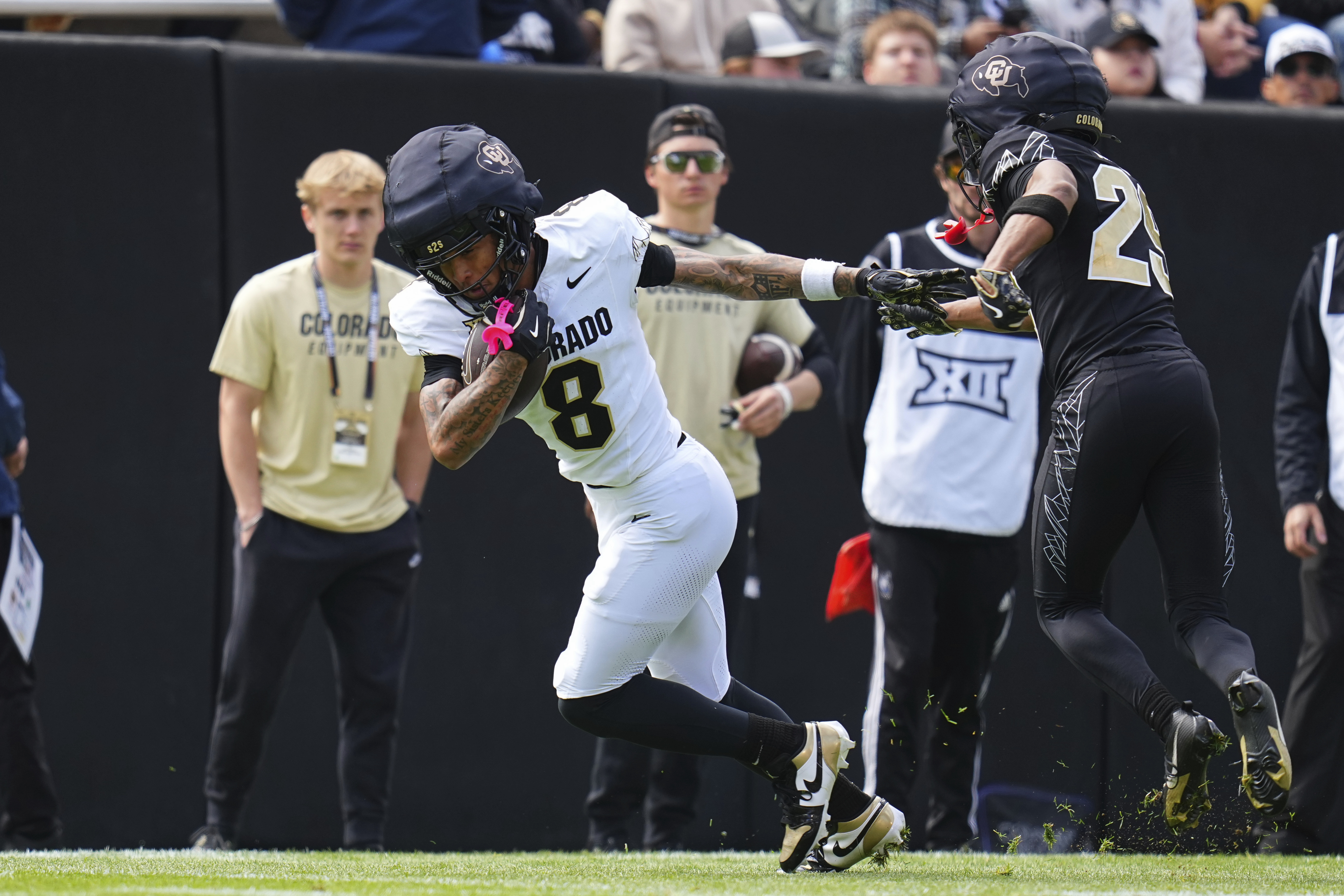 Colorado wide receiver Joseph Williams (8) runs against cornerback Ivan Yates (29) during an NCAA college football spring game, Saturday, April 19, 2025, in Boulder, Colo. (AP PhotoJack Dempsey) (Jack Dempsey)