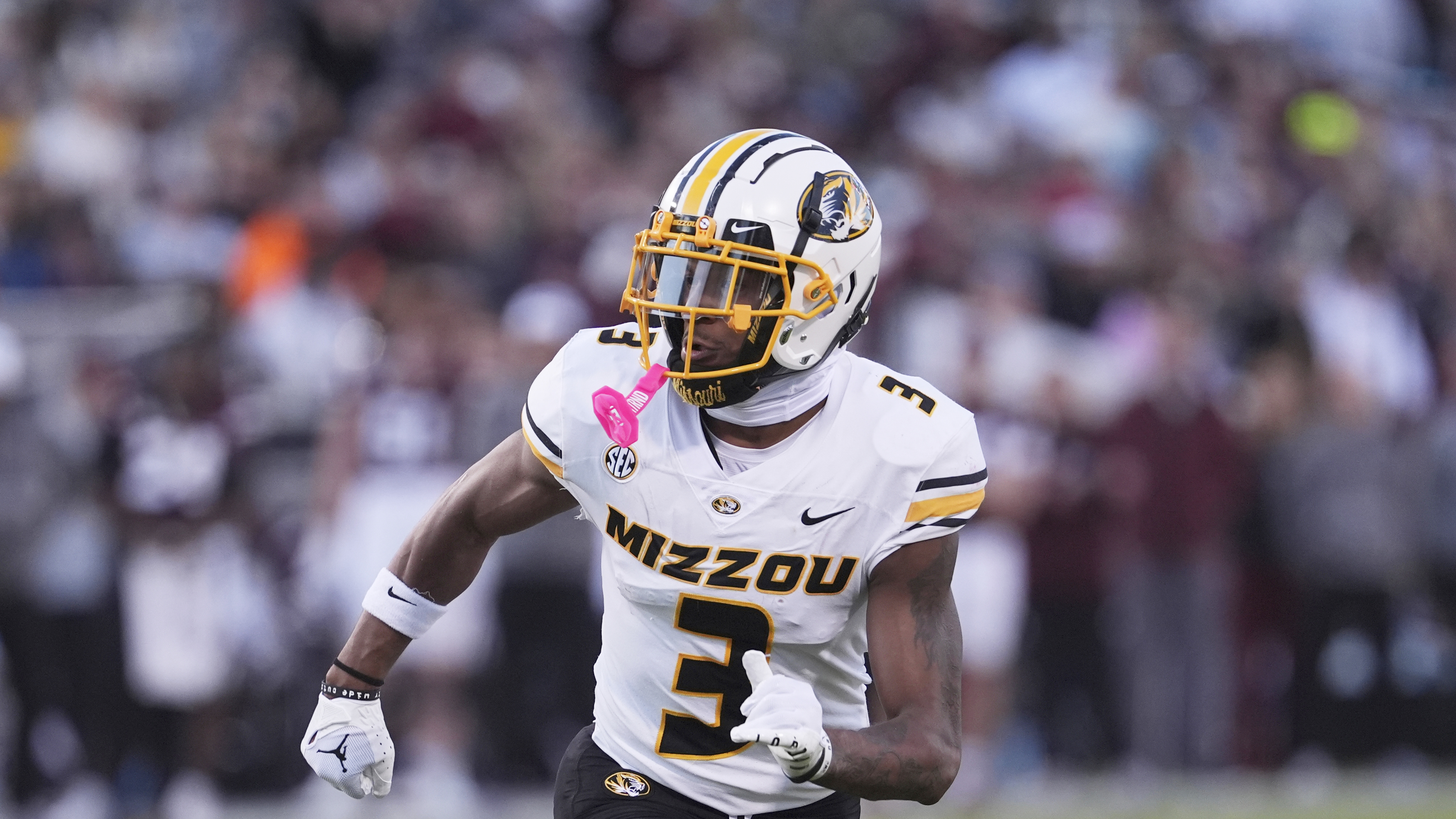 Missouri wide receiver Luther Burden III (3) sprints downfield for a pass reception against Mississippi State in the second half of an NCAA college football game, Saturday, Nov. 23, 2024, in Starkville, Miss. (AP Photo/Rogelio V. Solis) (Rogelio V. Solis)