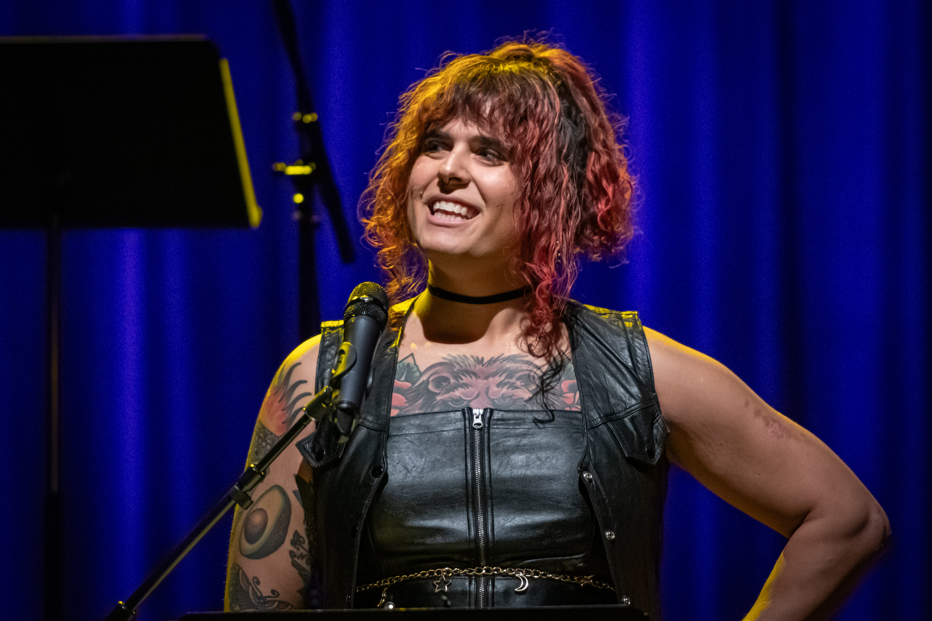 Motus Theater TRANSformative Stories monologist Ruby Lopez performs at the premiere of the autobiographical monologue series at the Dairy Arts Center in Boulder. November, 2023. Courtesy of Motus Theater. (Courtesy photo, Noah J. Katz, © NJK Photography.)