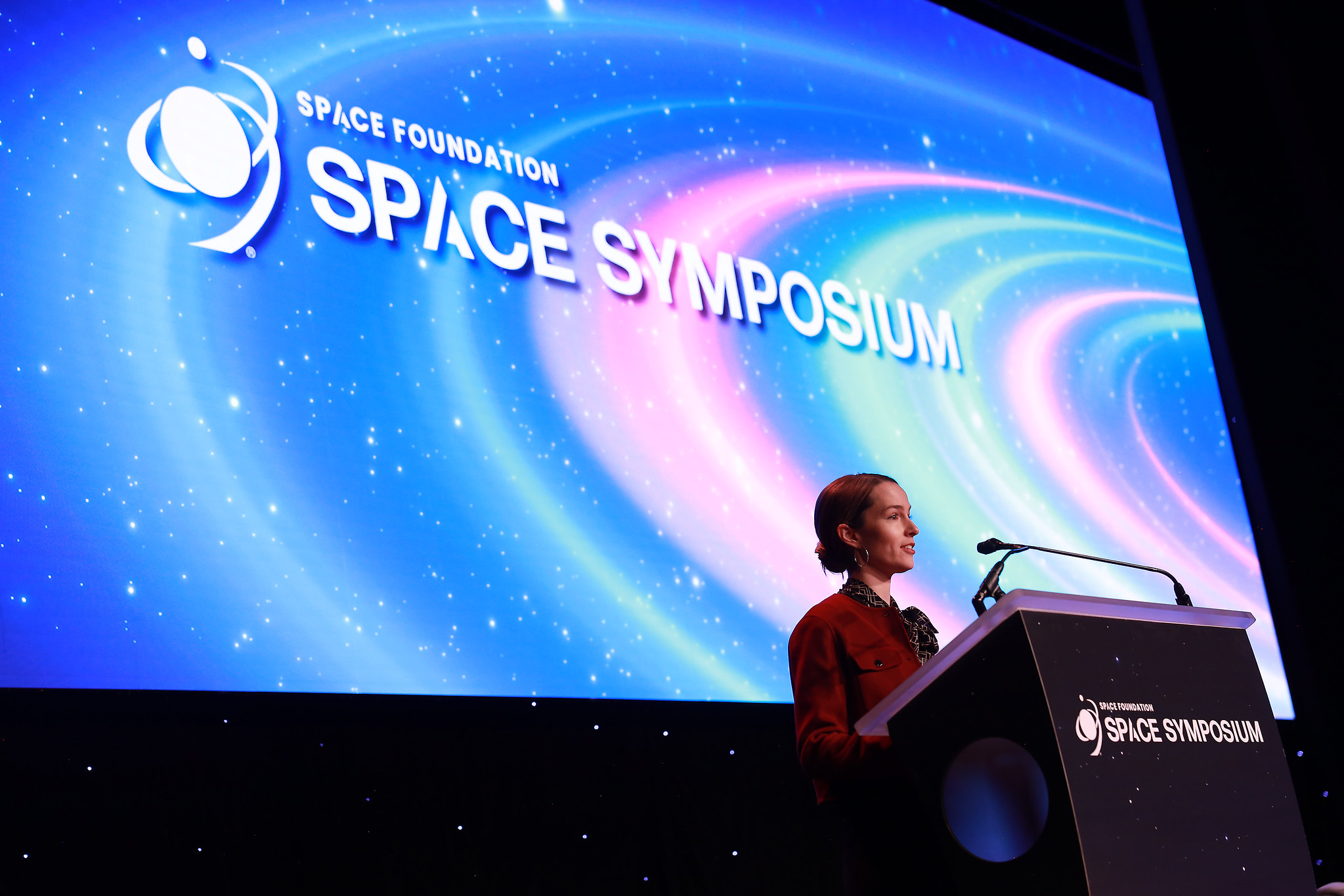 Former actress and musician Bridgit Mendler speaks at Space Symposium about her startup Northwood Space in Colorado Springs on Wednesday, April 9, 2025. (Courtesy photo, Space Foundation)