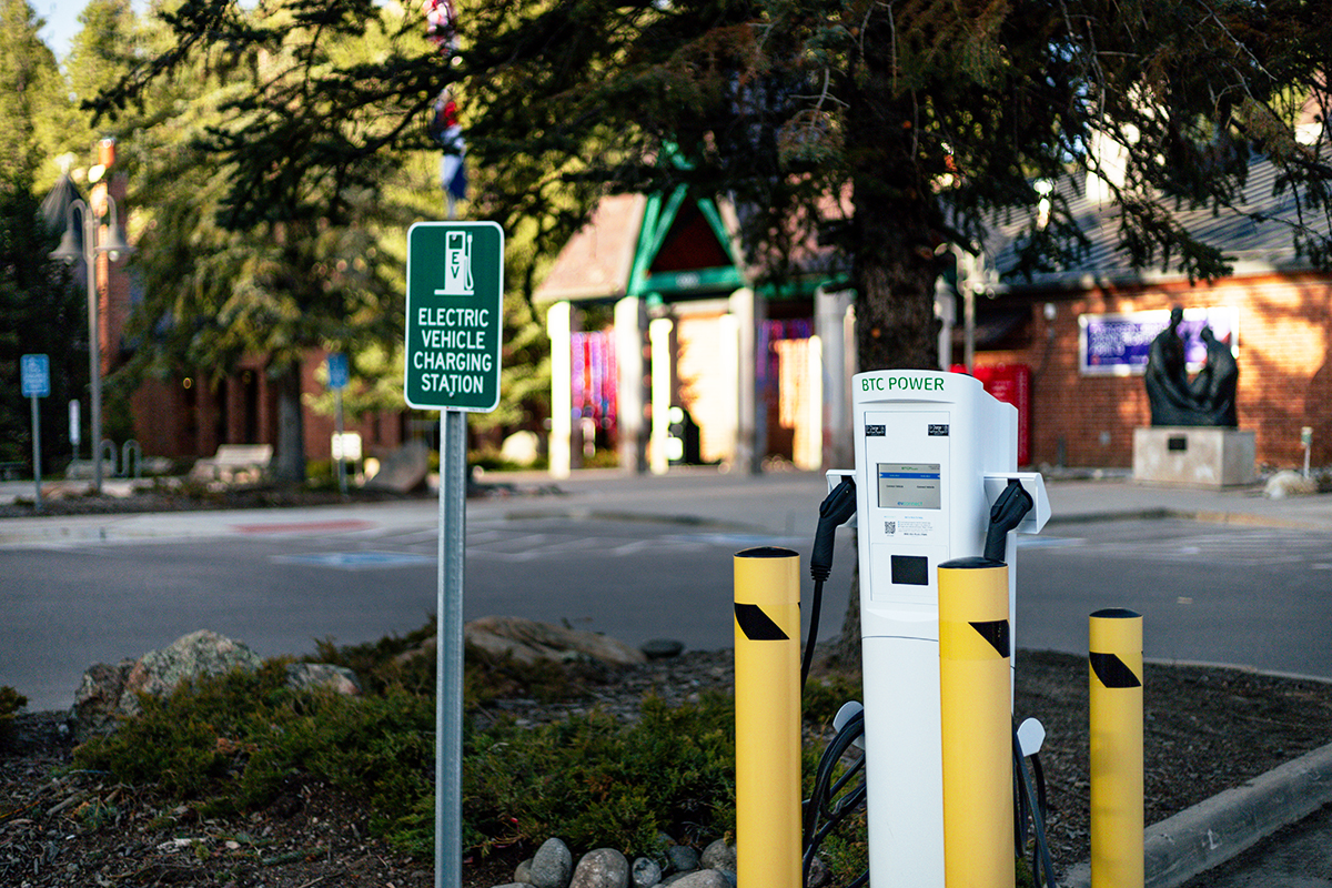 An EV charging station at Evergreen Library, open from 6 a.m. to 10 p.m. daily. Belmar Library in Lakewood also has a similar charging station for electric vehicles, with three free hours of charging available. (Photo courtesy of Jefferson County Public Library)