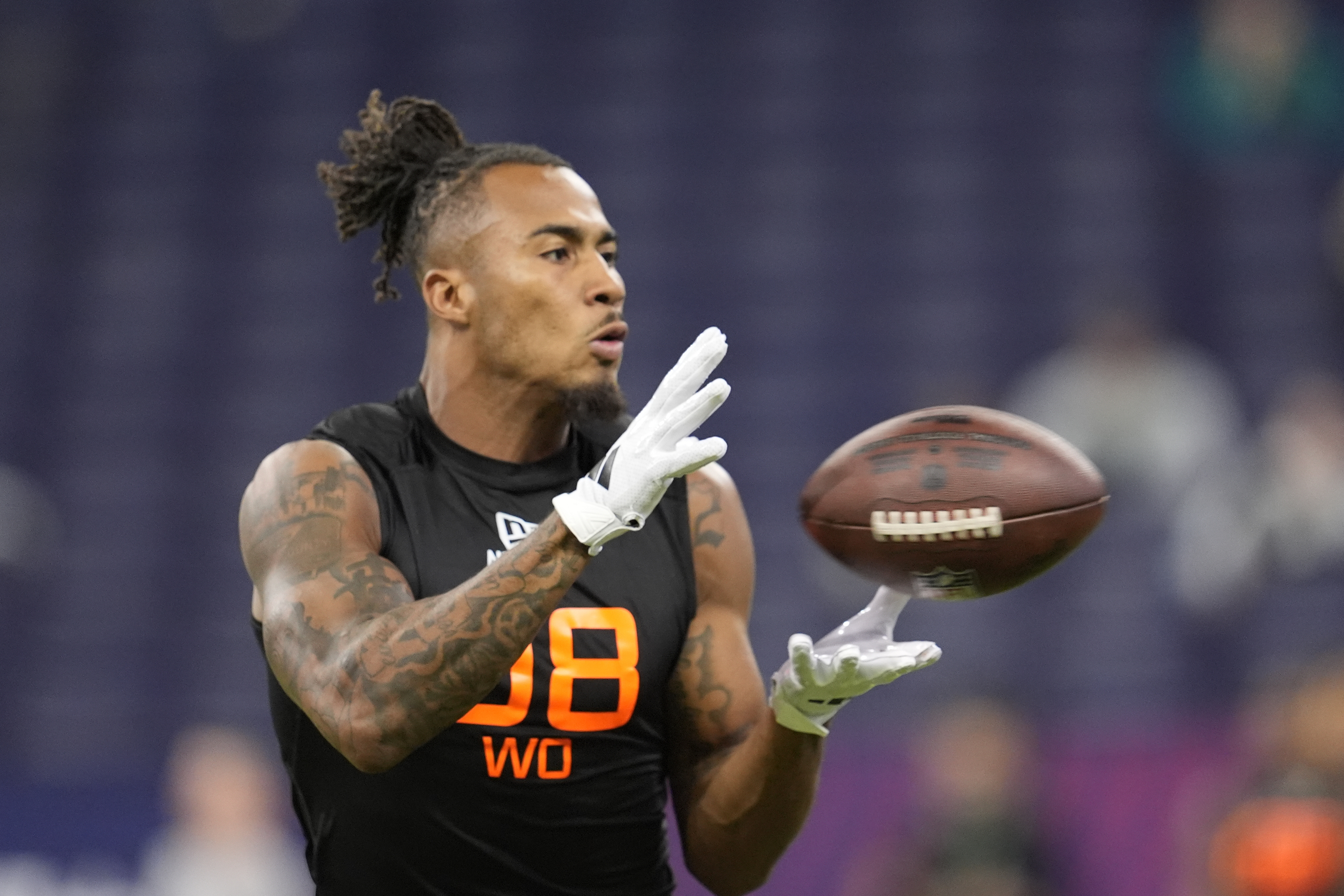 Illinois wide receiver Pat Bryant runs a drill at the NFL football scouting combine in Indianapolis, Saturday, March 1, 2025. (AP Photo/George Walker IV) (George Walker IV)