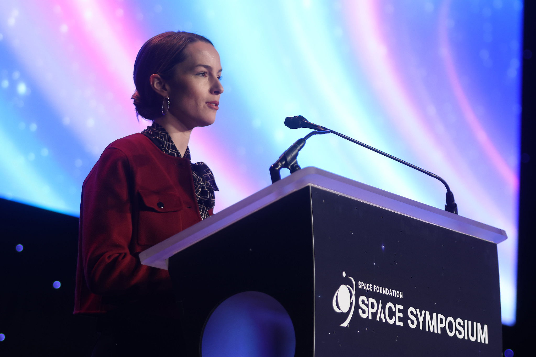 Former actress and musician Bridgit Mendler speaks at Space Symposium about her startup Northwood Space in Colorado Springs on Wednesday, April 9, 2025. (Courtesy photo, Space Foundation)