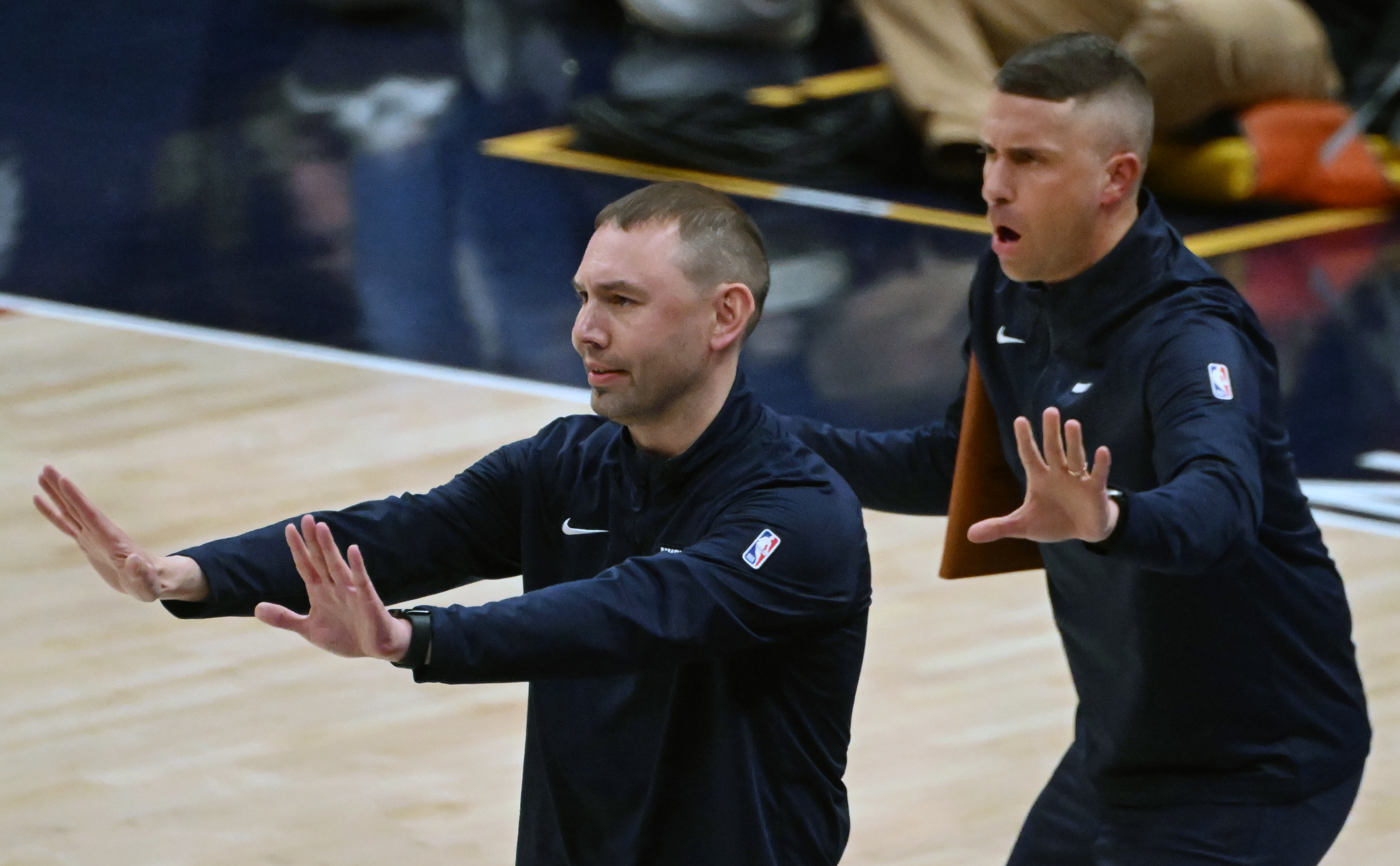 Interim Head Coach David Adelman and Asst. Coach Ryan Saunders give direction to the Nuggets during the 4th quarter of game 2 of Round 1 of the NBA Western Championship at Ball Arena on Monday, April 21, 2025. (Jerilee Bennett, The Gazette)