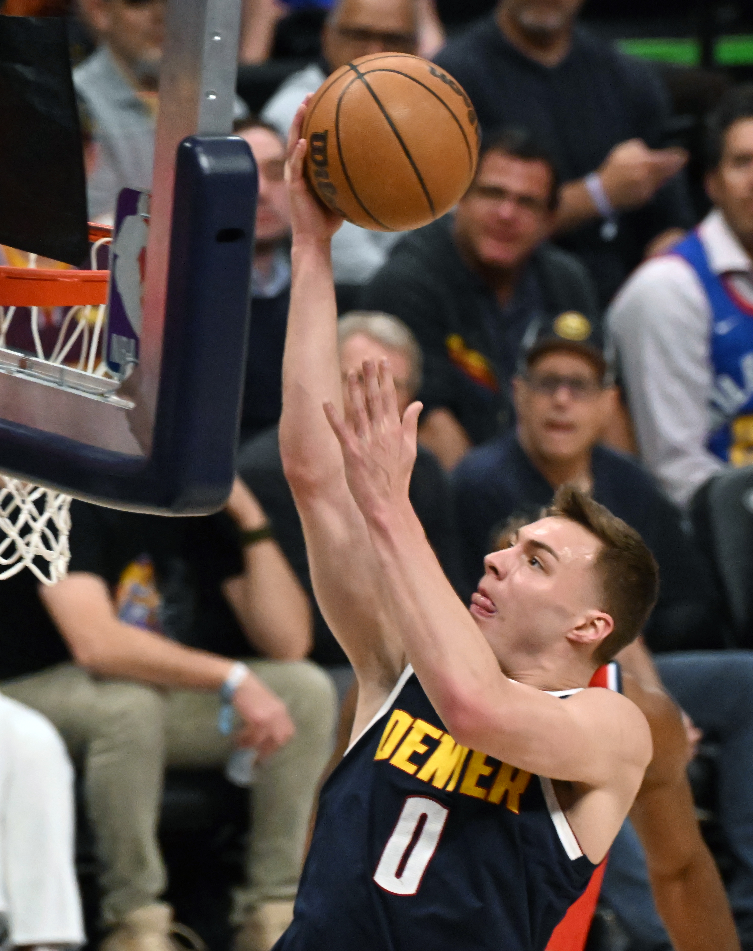 Denver Nuggets guard Christian Braun (0) goes up for a basket during the 1st quarter of game 2 of Round 1 of the NBA Western Championship at Ball Arena on Monday, April 21, 2025. (Jerilee Bennett,The Gazette)