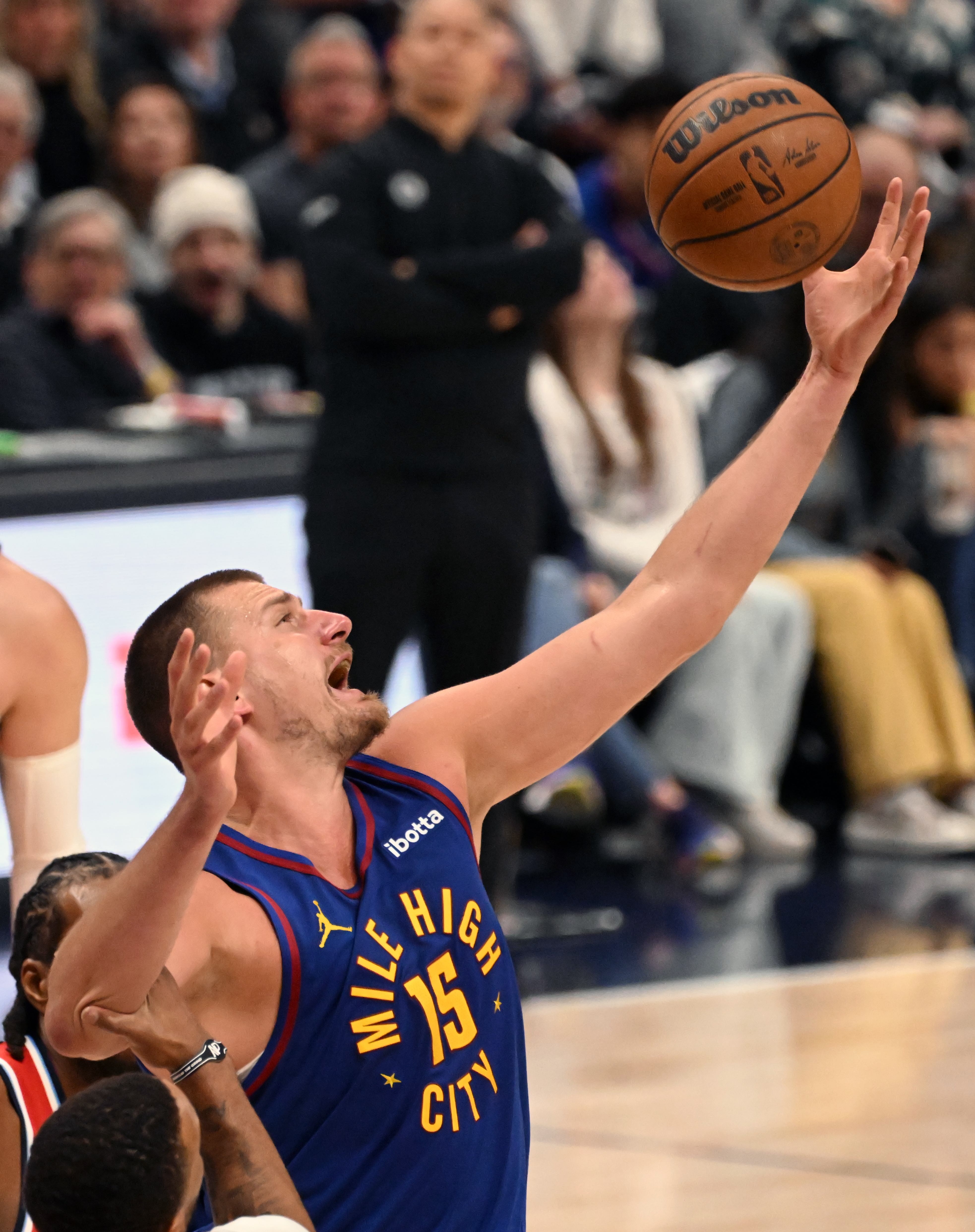 Nuggets Nikola Jokic goes after his own rebound in the 4th quarter of the first series of the NBA playoffs at Ball Arena on Saturday, April 19, 2025. The Nuggets won the game in overtime 112-110. (Jerilee Bennett,The Gazette)