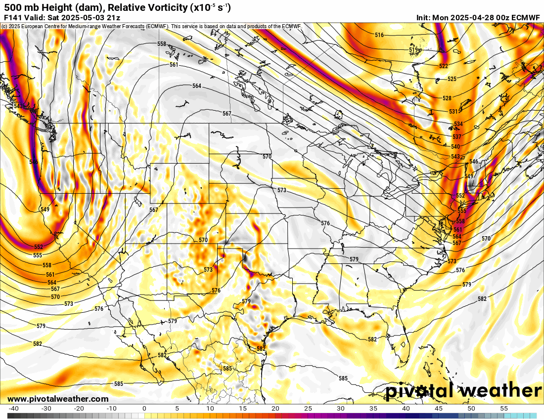 An ECMWF 500 mb Height (dam), Relative Vorticity forecast loop of the U.S from May 3-9, 2025. (PivotalWeather.com)