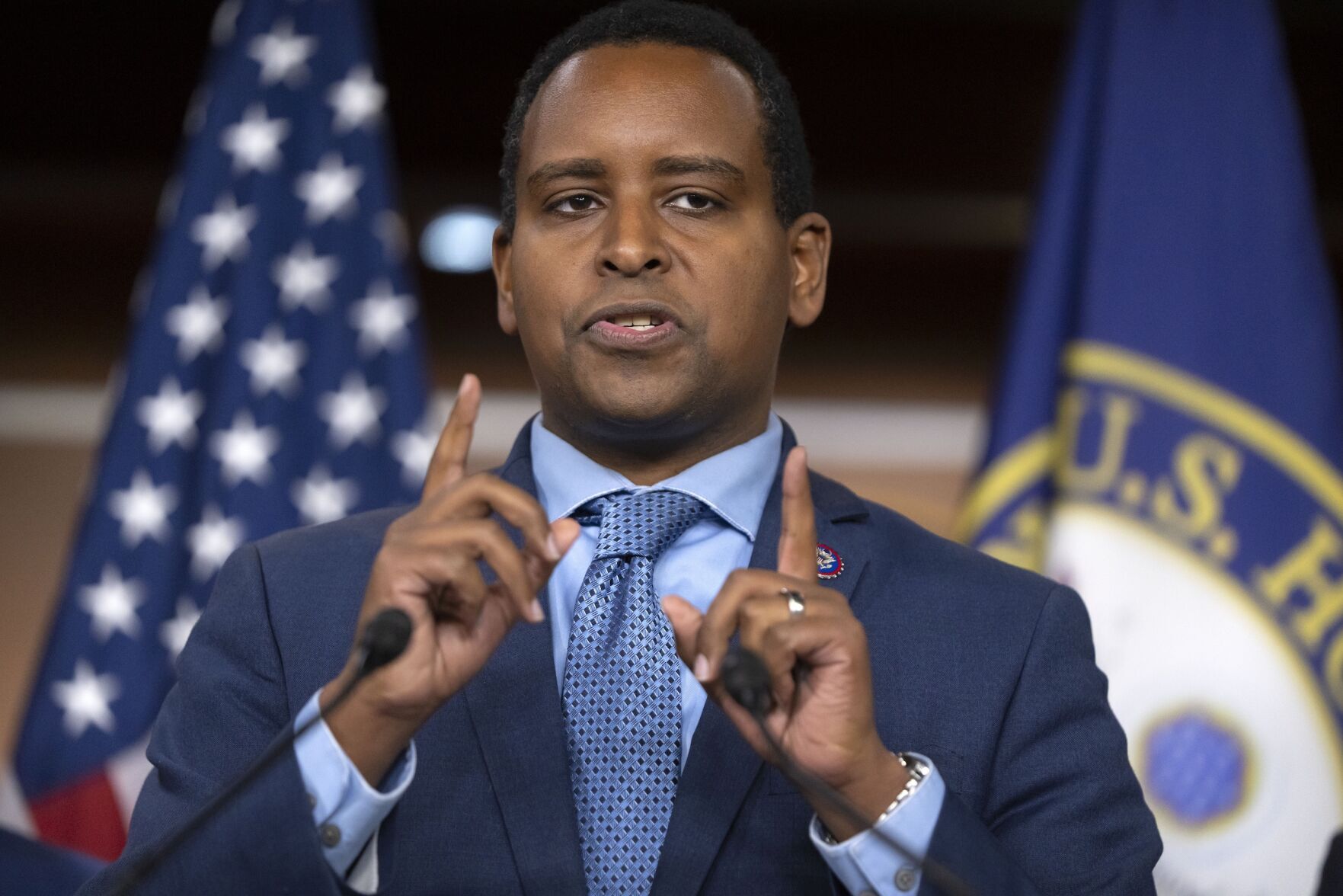 U.S. Rep. Joe Neguse, a Colorado Democrat and the assistant House minority leader, speaks during a news conference to introduce the Democratic House leadership for the 119th session of Congress on Capitol Hill on Nov. 19, 2024, in Washington. ((AP Photo/Mark Schiefelbein))