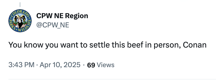 Screenshot of a Colorado Department of Wildlife Tweet aimed at enticing Conan O'Brien into responding. (COLORADO PARKS AND WILDLIFE)