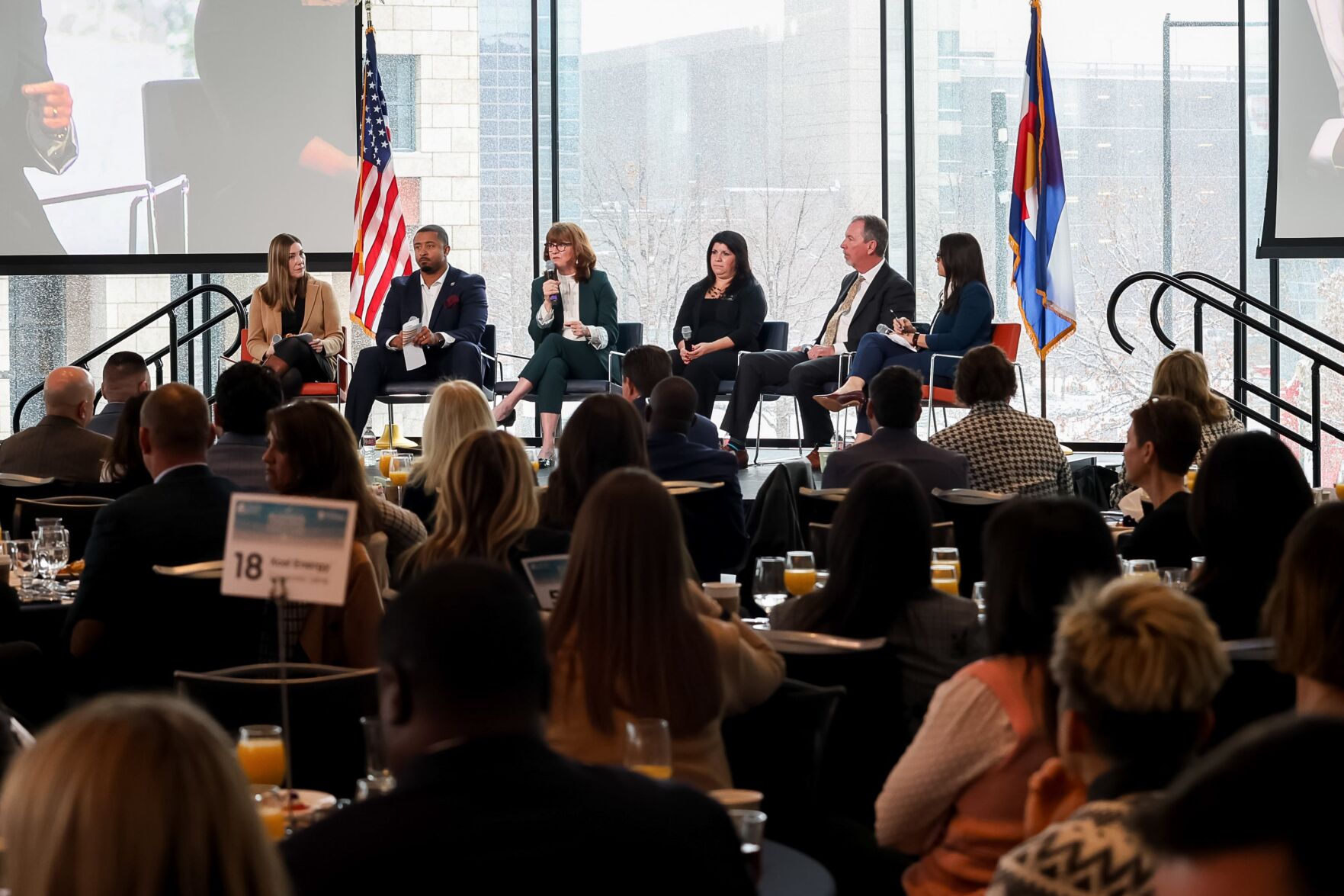 The legislative panel at the Denver Metro Chamber of Commerce annual legislative preview breakfast. From left to right: Carly West of the Chamber; Senate-president elect James Coleman of Denver; House Speaker Julie McCluskie of Dillon; House Minority Leader Rose Pugliese of Colorado Springs, Senate Minority Leader Paul Lundeen of Monument and Rachel Beck of the Colorado Competitive Council. Photo courtesy Garrett Hacking at InSync Photography + Design and the Denver Metro Chamber of Commerce.