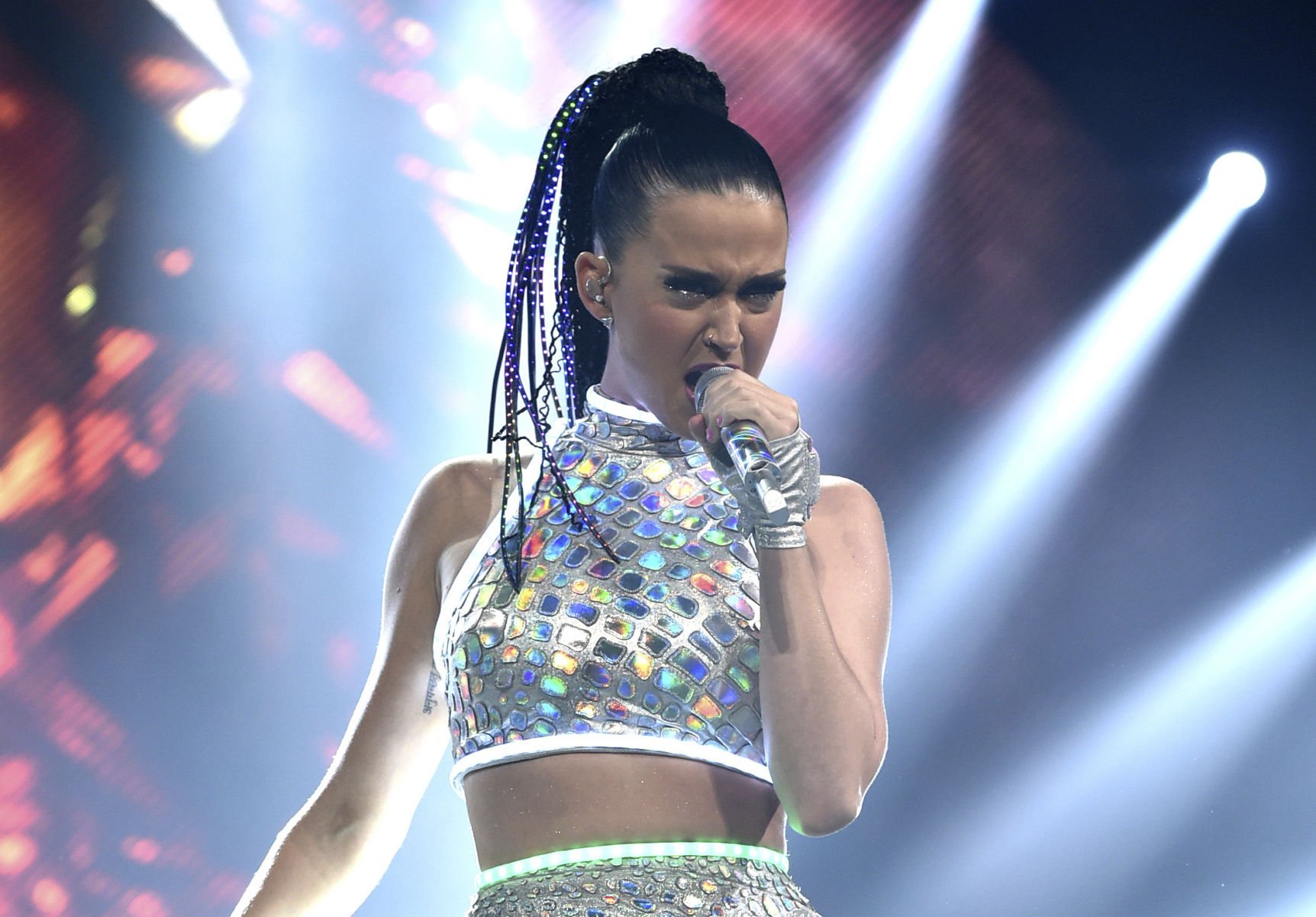 FILE - In this Sept. 16, 2014 file photo, Katy Perry performs on stage at